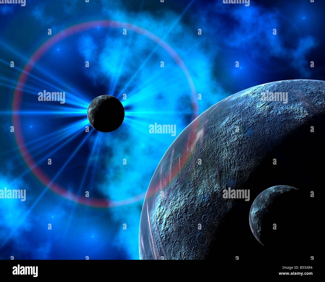 Spazio di colore blu, una giovane stella Sistema sul bordo di un colore blu nebulosa. Foto Stock