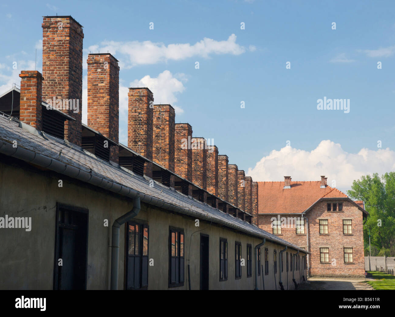 Tetto con una fila di mattoni camini e lato posteriore della cucina edificio in Auschwitz I Foto Stock