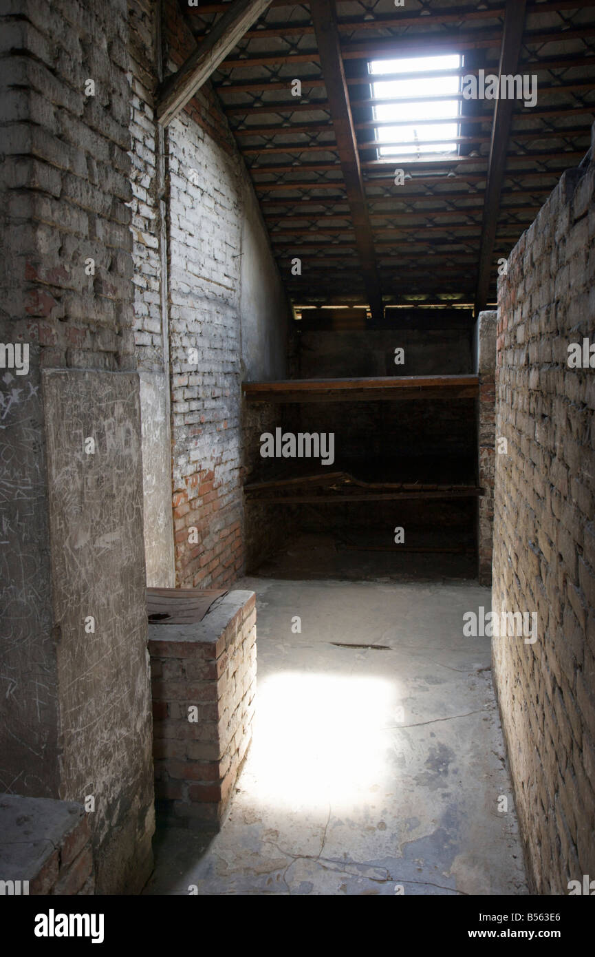 All'interno di un prigionieri dormono barrack nell'ex campo di concentramento di Auschwitz II (Birkenau) Foto Stock