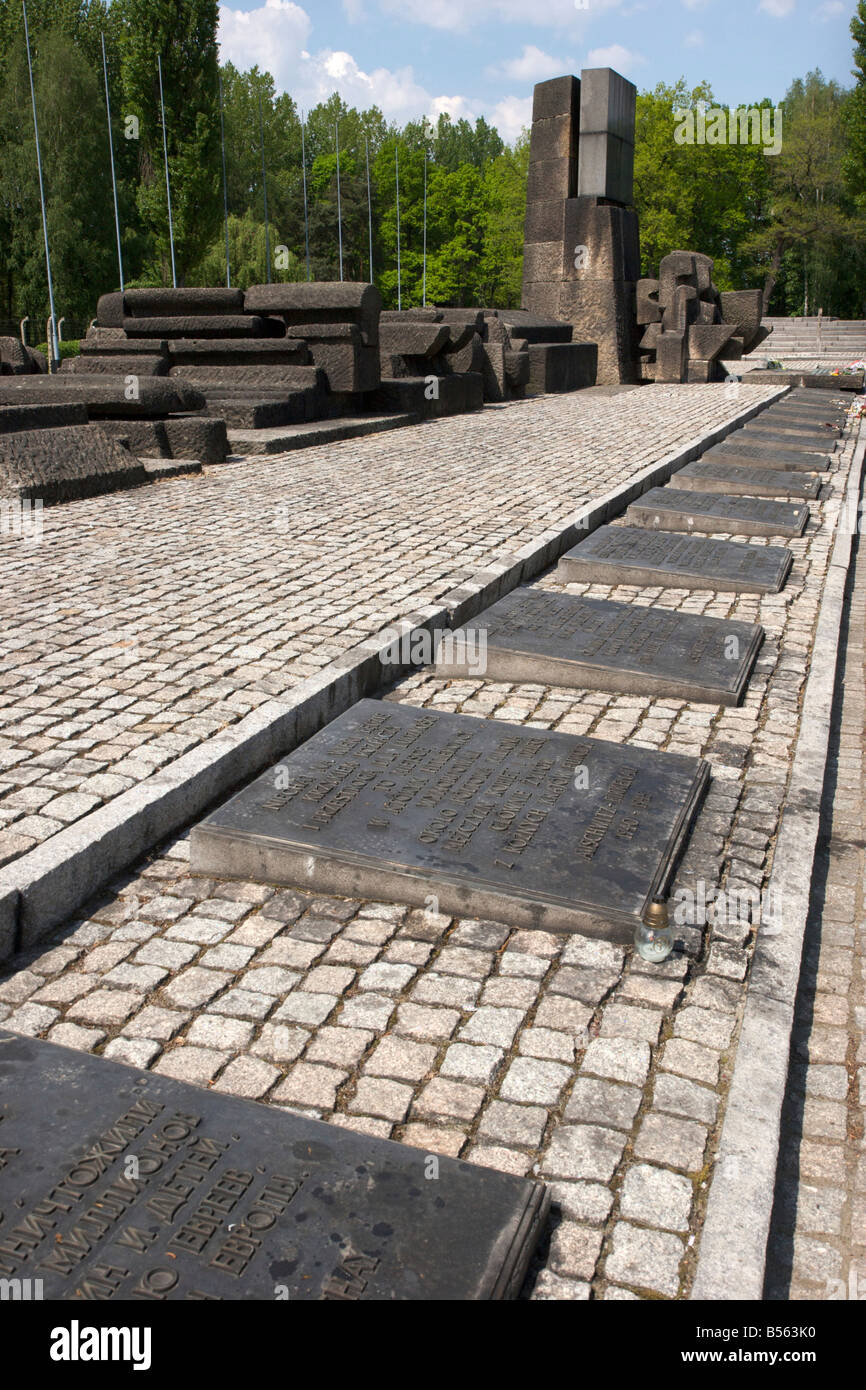 Fila di lapidi in lingue diverse nella parte anteriore di un monumento in memoria dell'ex campo di concentramento di Auschwitz Birkenau () Foto Stock