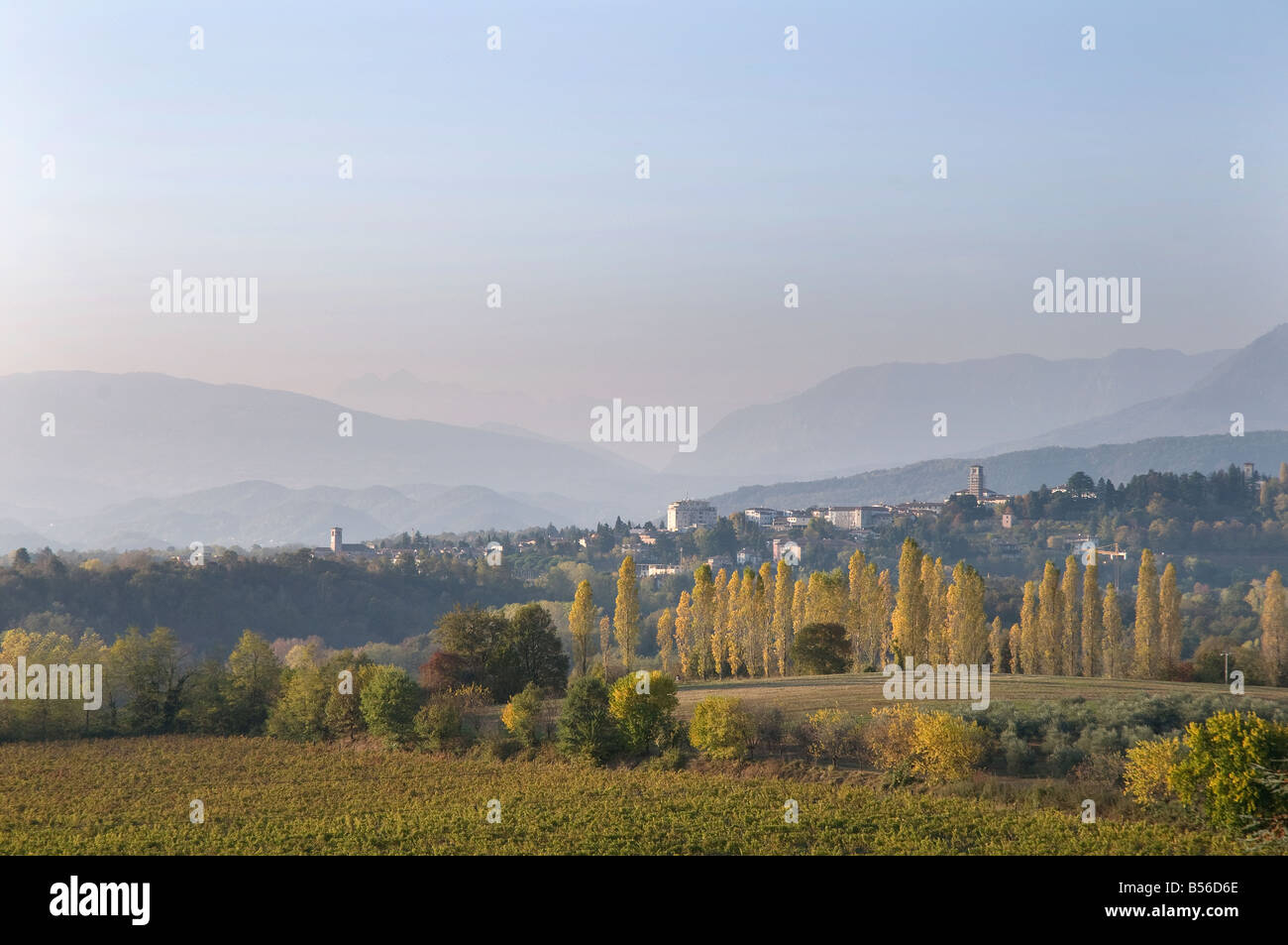 il panorama delle verdi colline con la città di San Daniele del Friuli sullo sfondo Foto Stock