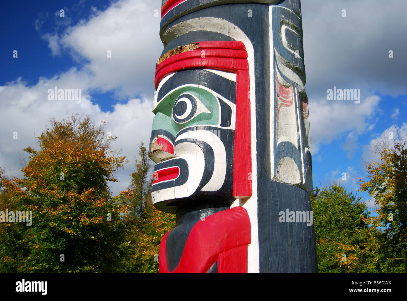 Il Totem Pole in autunno, la valle di giardini, Windsor Great Park, Virginia Water, Surrey, England, Regno Unito Foto Stock