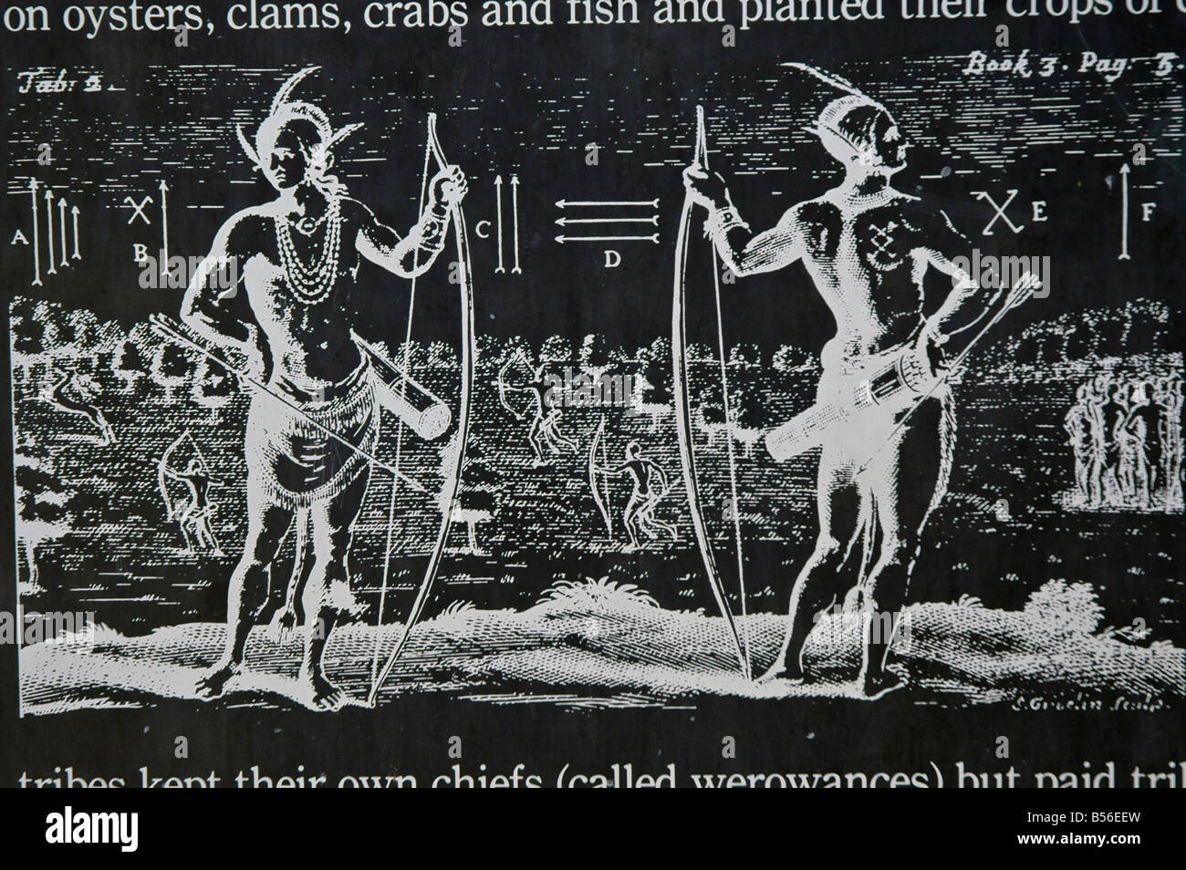 Storico artistico Jamestowne storico mostra di disegno nativi indiani Powhatan Foto Stock