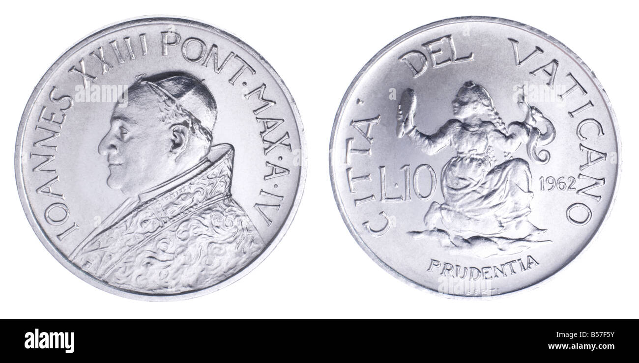 10 lira moneta dalla Città del Vaticano, 1962. Ritratto di papa Giovanni XXIII (Angelo Giuseppe Roncalli; 1881-1963) Foto Stock