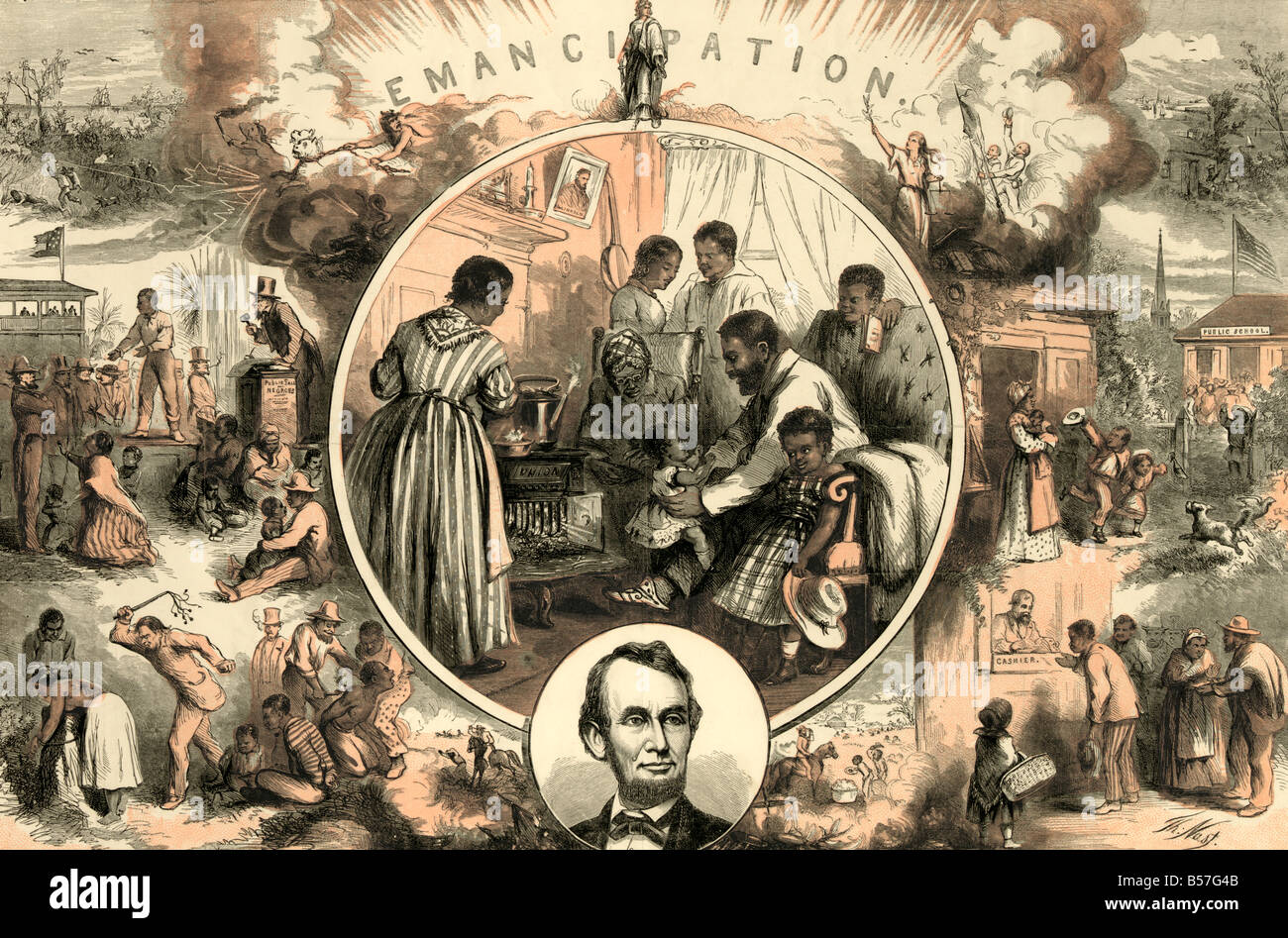 Thomas Nast's stampa dell'emancipazione degli schiavi del sud con la fine della guerra civile Foto Stock
