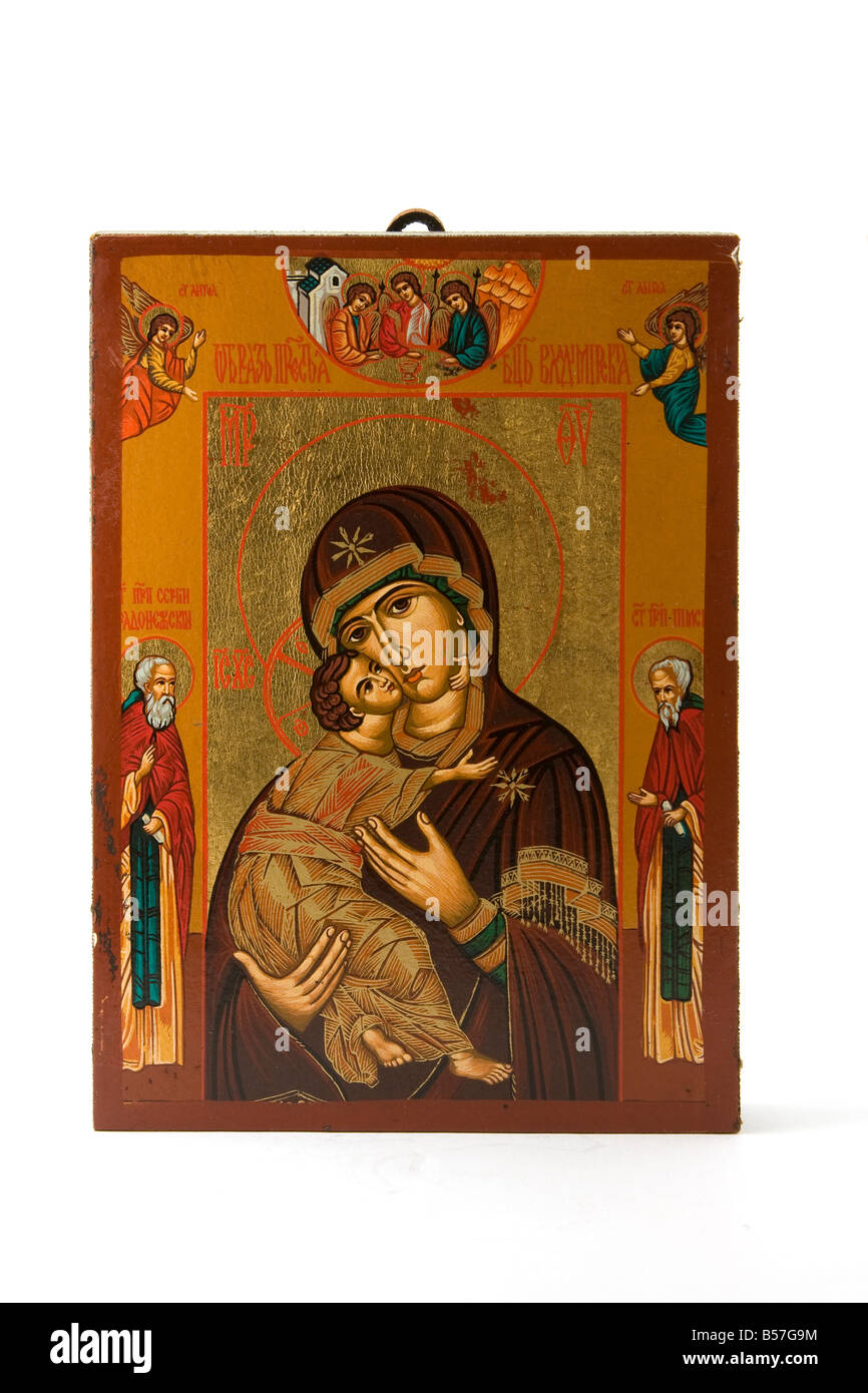 Greco-ortodossa icona dipinta su uno sfondo bianco. Foto Stock