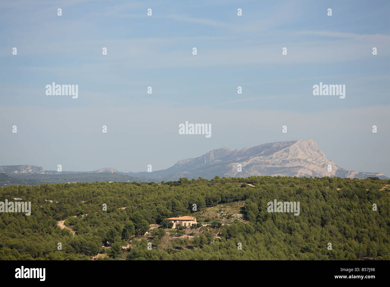 I vigneti e una lontana mountain vista da Ventebren, Provenza, Francia Foto Stock