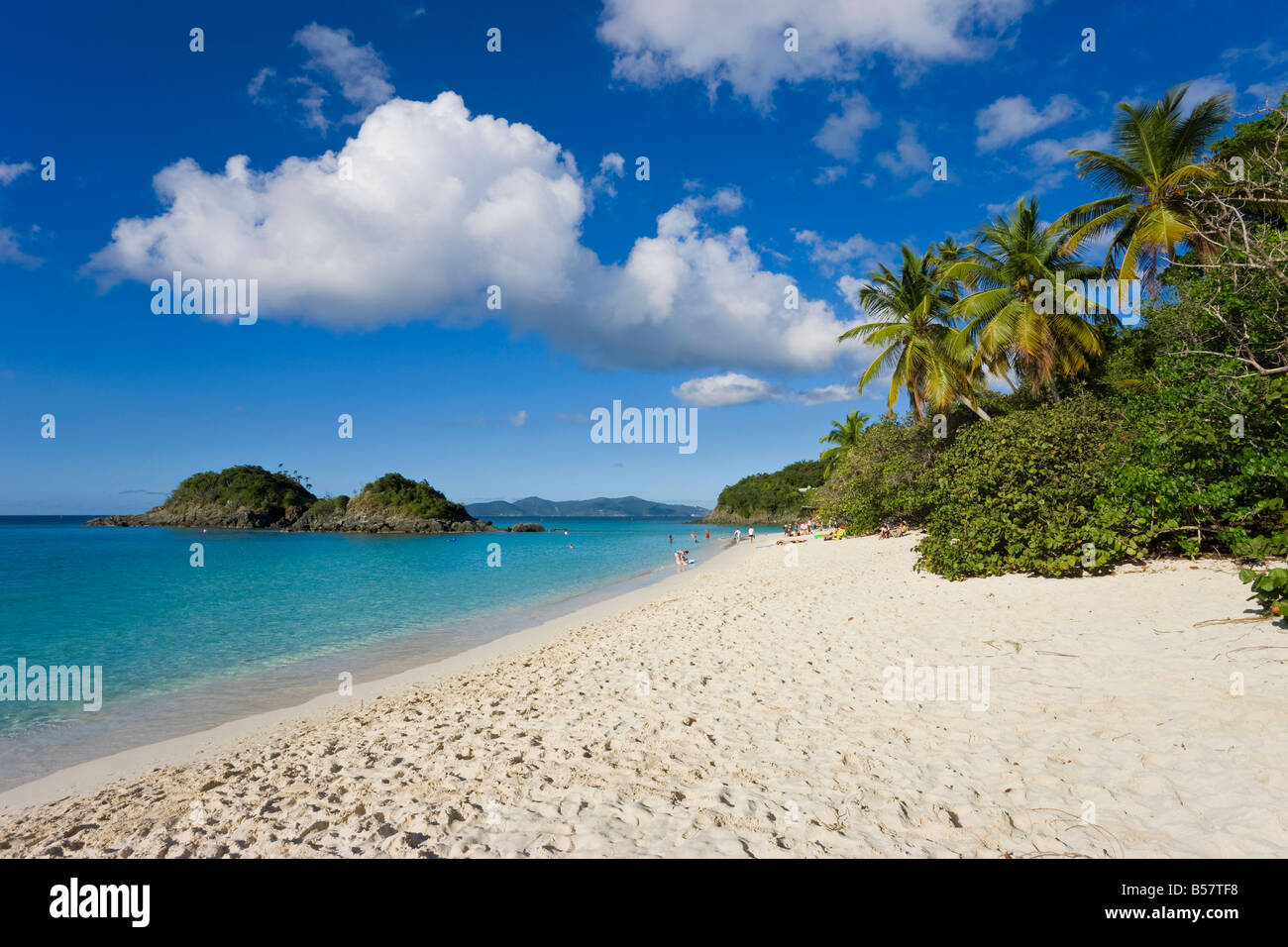 La spiaggia famosa in tutto il mondo a Trunk Bay, San Giovanni, U.S. Isole Vergini, West Indies, dei Caraibi e America centrale Foto Stock