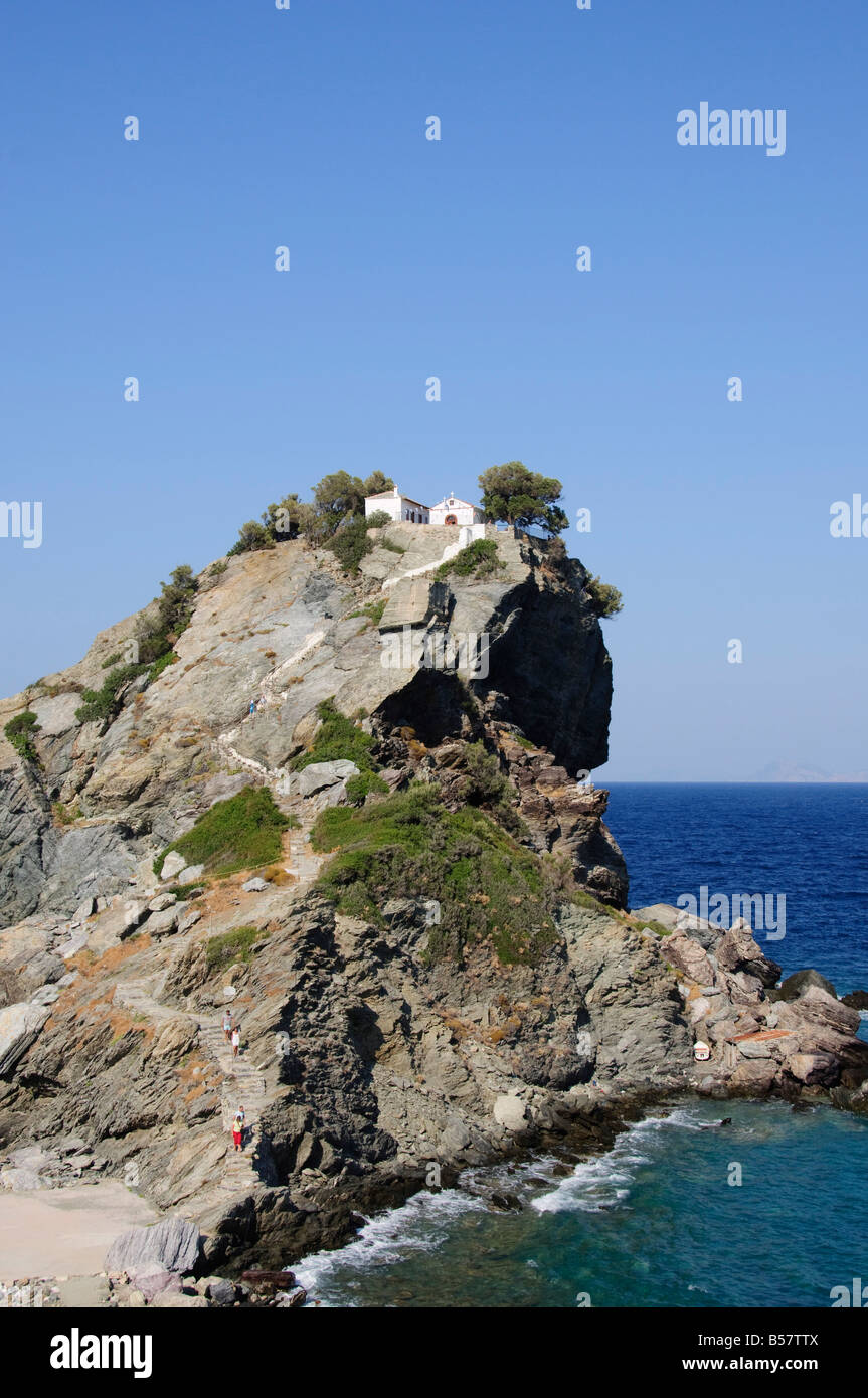 Chiesa di Agios Ioannis, utilizzato nel film Mamma Mia per la scena del matrimonio, Skopelos, Isole Sporadi, isole greche, Grecia Foto Stock