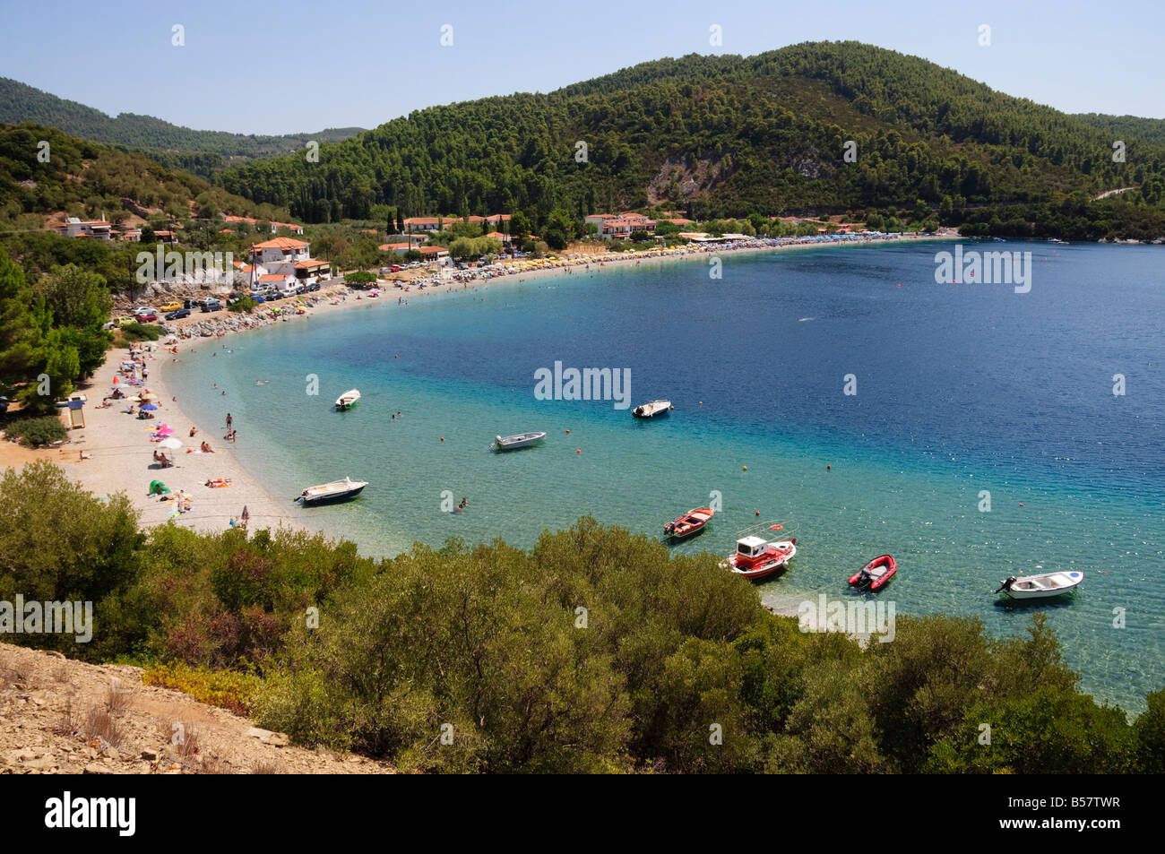 Spiaggia di Panormos, Skopelos, Isole Sporadi, isole greche, Grecia, Europa Foto Stock
