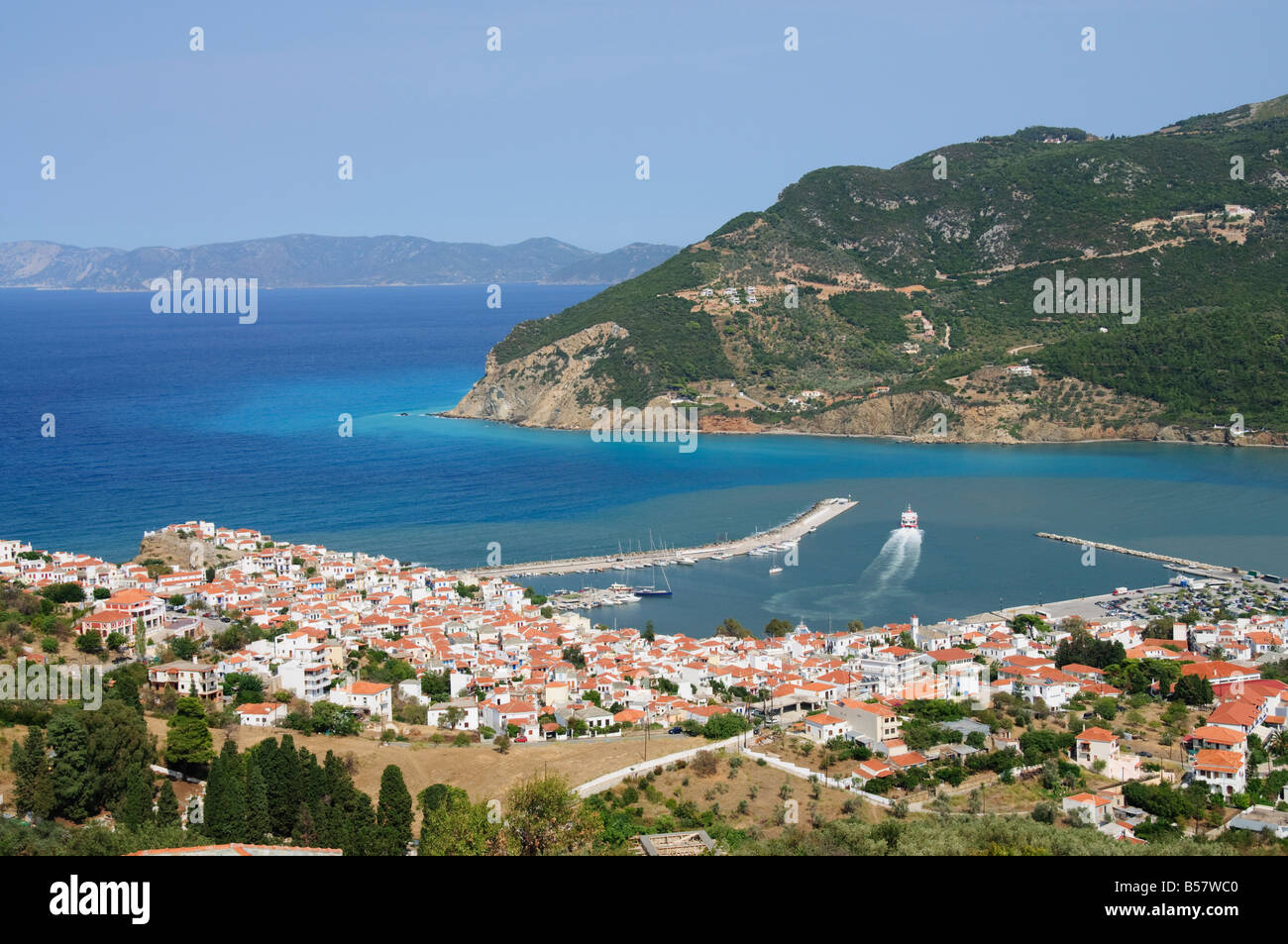 Città di Skopelos, Skopelos, Isole Sporadi, isole greche, Grecia, Europa Foto Stock