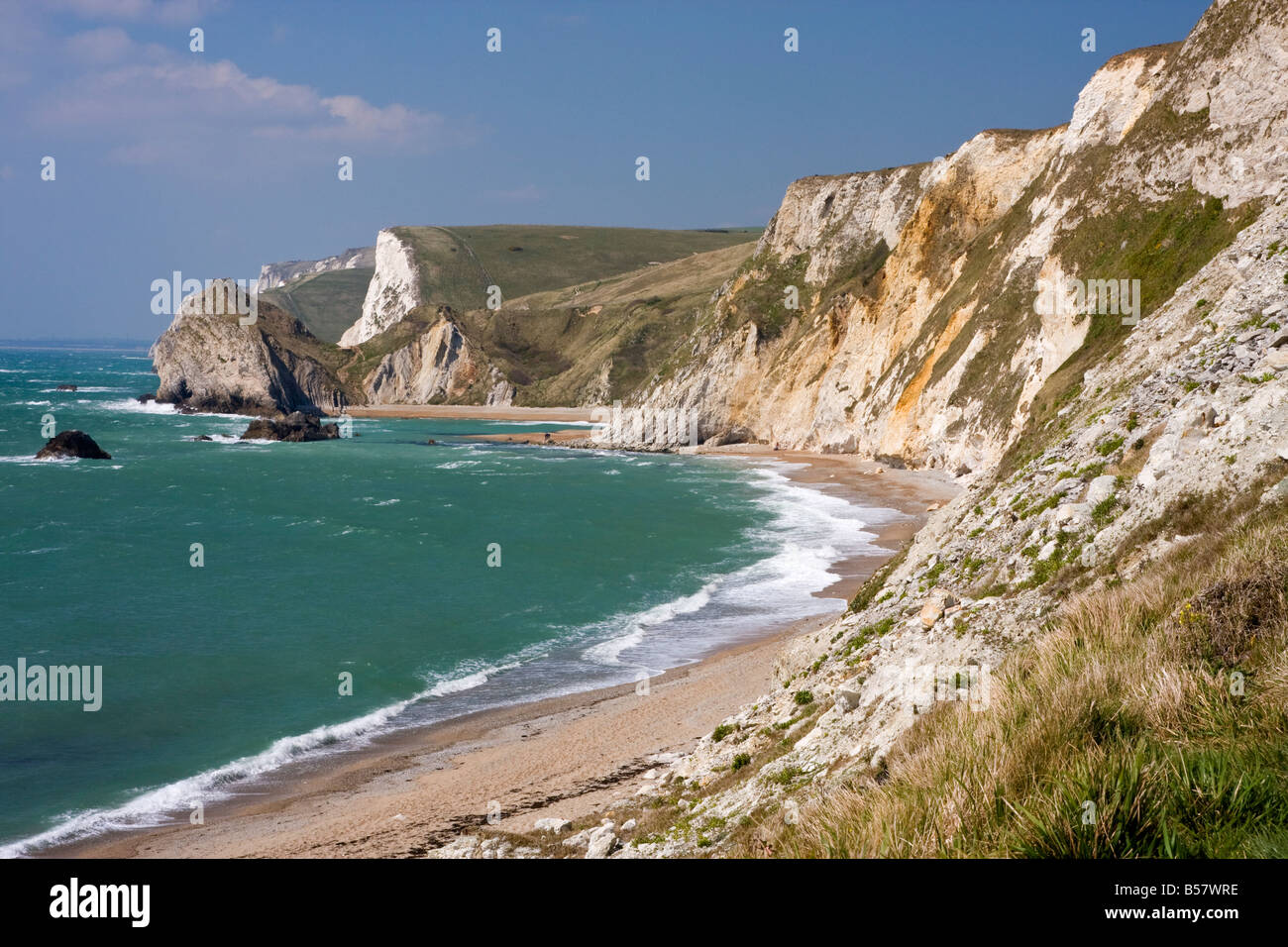 St. Oswald's Bay Beach e scogliere, Dorset, England, Regno Unito, Europa Foto Stock