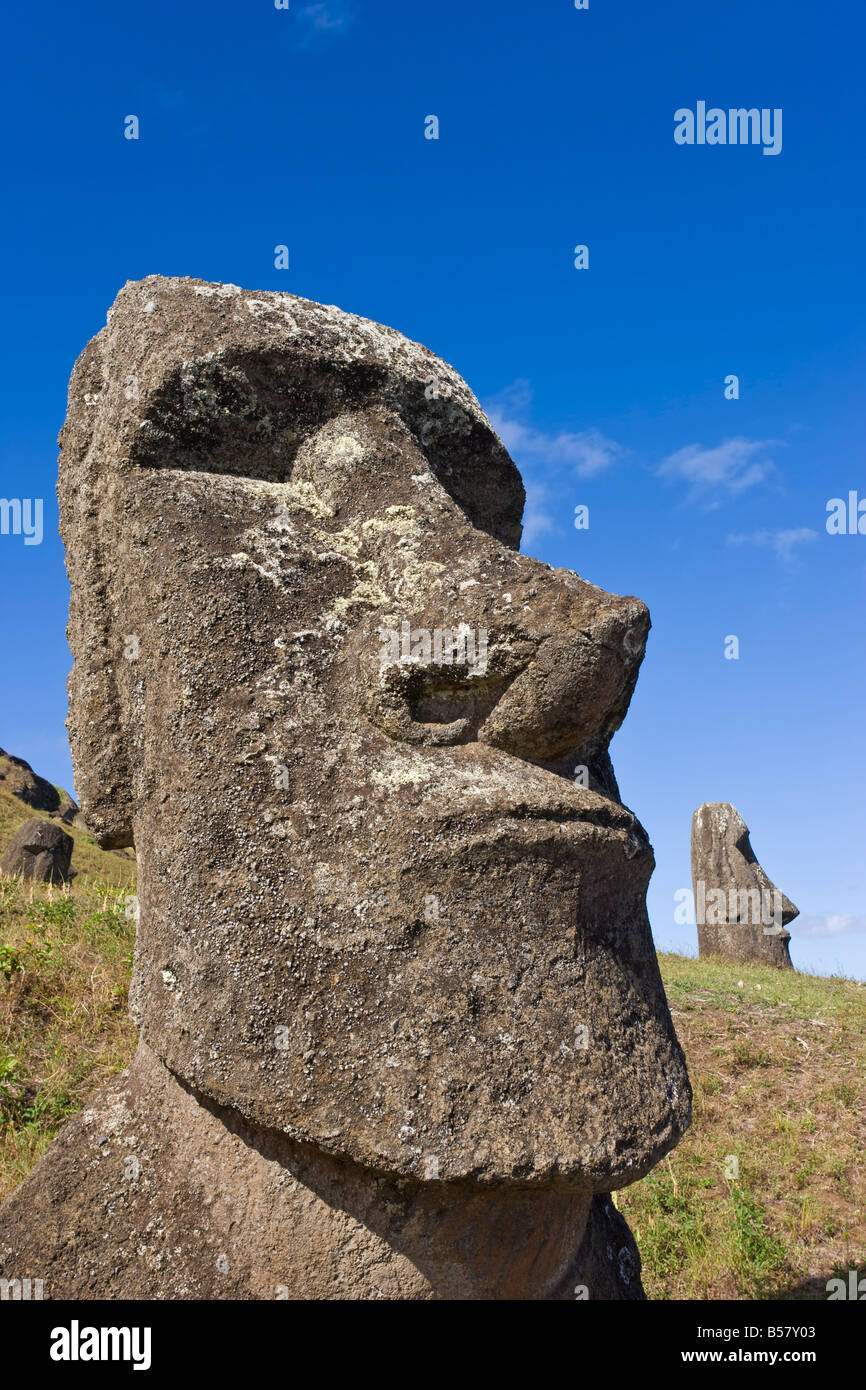 Gigante di pietra monolitica Moai statue a Rano Raraku, Rapa Nui (l'Isola di Pasqua), il Sito Patrimonio Mondiale dell'UNESCO, Cile, Sud America Foto Stock