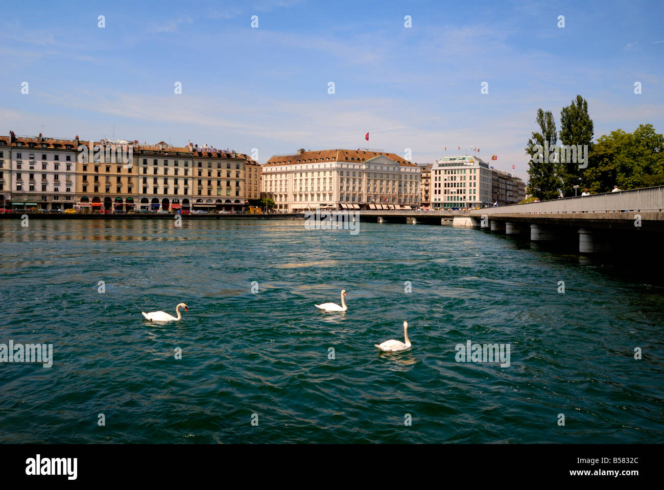 Edifici sul waterside, Ginevra, Svizzera, Europa Foto Stock