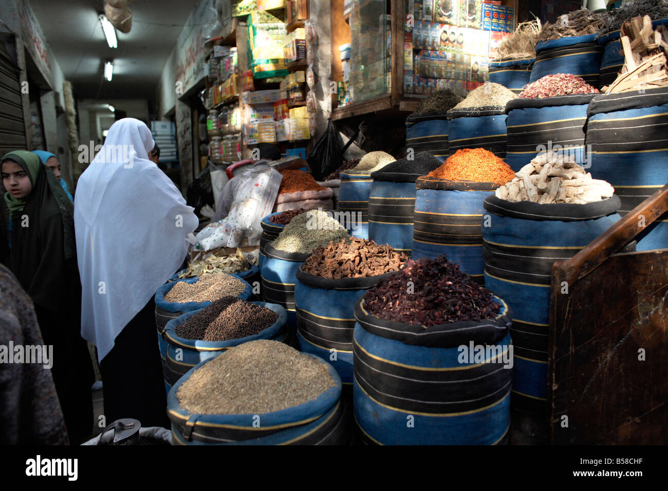 Negozio di spezie nel grande bazar di Khan al-Khalili al Cairo, Egitto, Africa Settentrionale, Africa Foto Stock