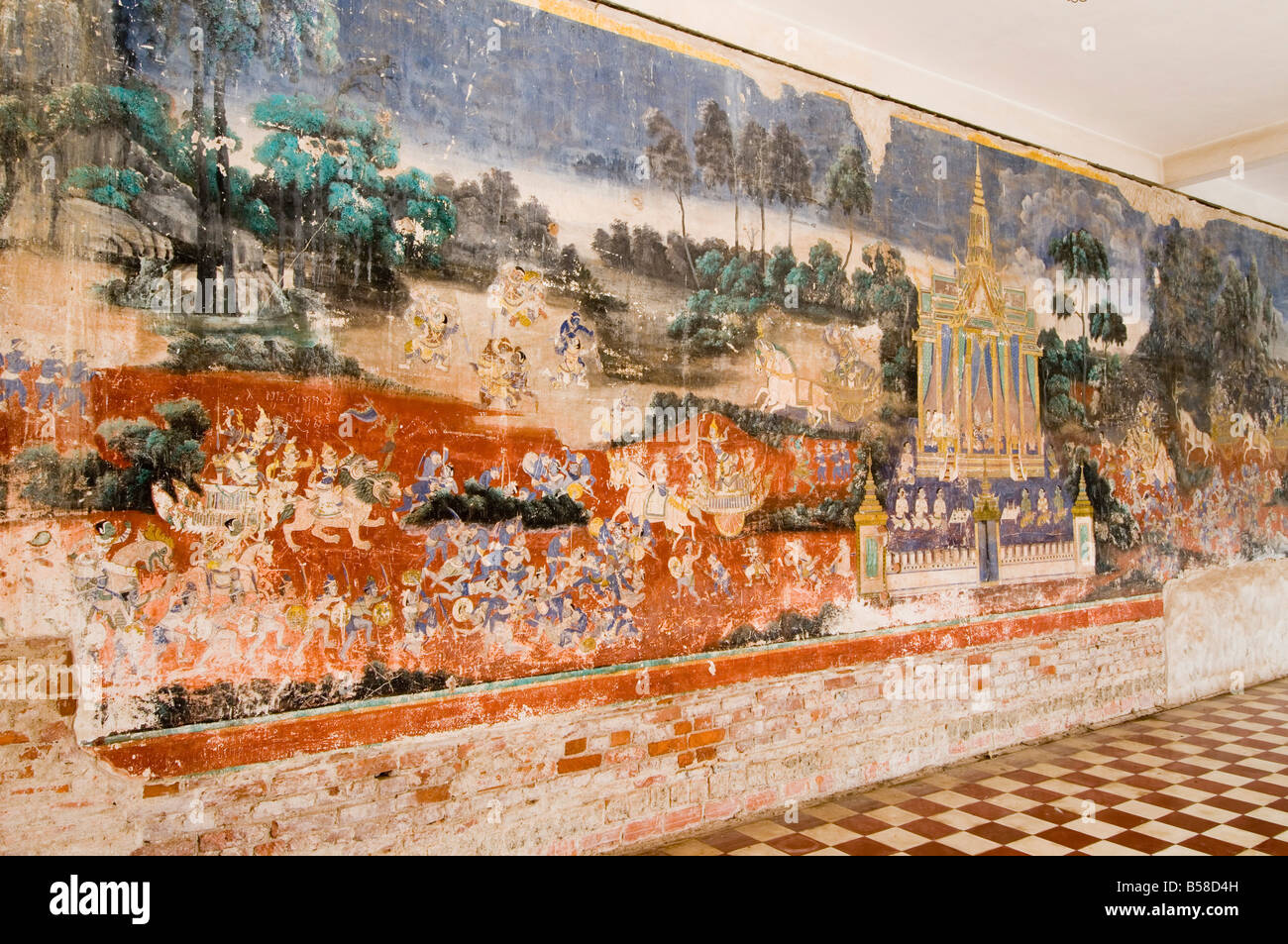 Murale nel palazzo reale complesso, Phnom Penh, Cambogia, Indocina, sud-est asiatico Foto Stock