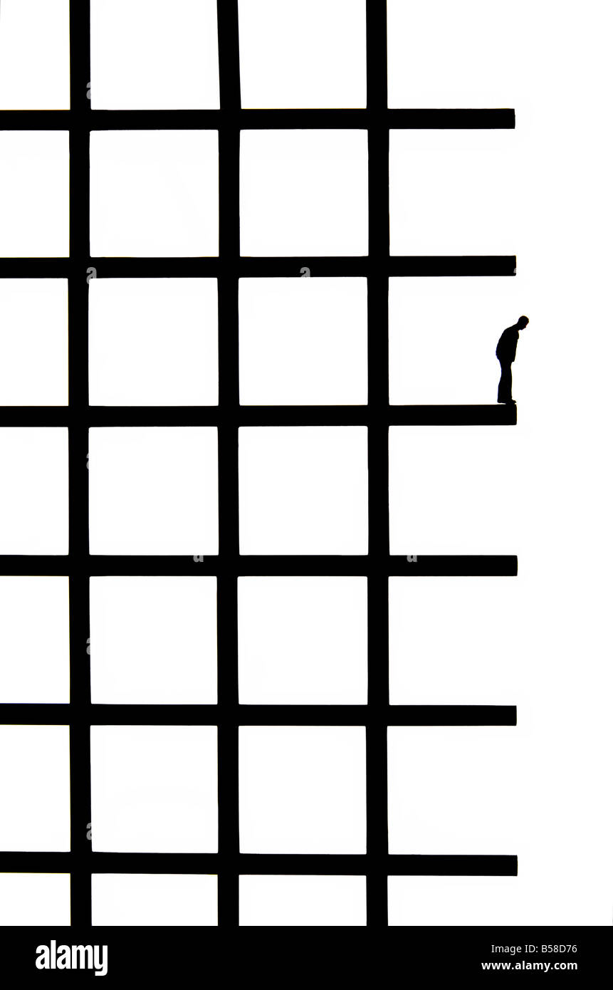Illustrazione creativa che raffigura una persona che si arrampica sul muro all'interno di una struttura a griglia che mostra elementi di design astratti Foto Stock