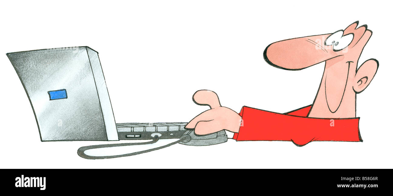 Uomo computer portatile pc lavorando commerce mouse fare clic su Sfoglia internet guardare il superhighway di surf in tutto il mondo web pulsanti e rotellina di scorrimento Foto Stock