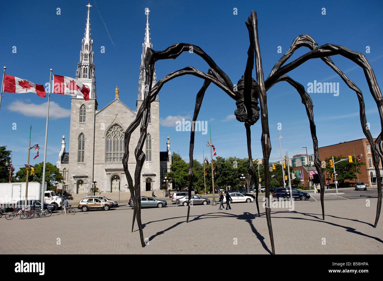 Maman un XXI secolo scultura in bronzo di un ragno, di fronte alla Cattedrale e alla Basilica di Notre Dame, Ottawa, Ontario, Canada Foto Stock