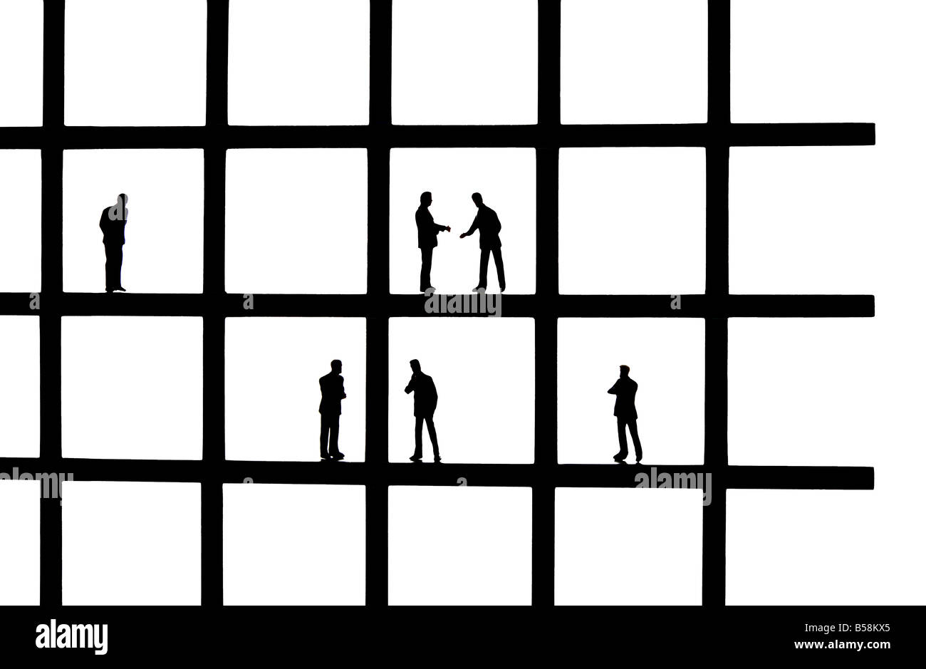 Sagome creative di persone impegnate in varie attività delineate in un design a griglia Foto Stock