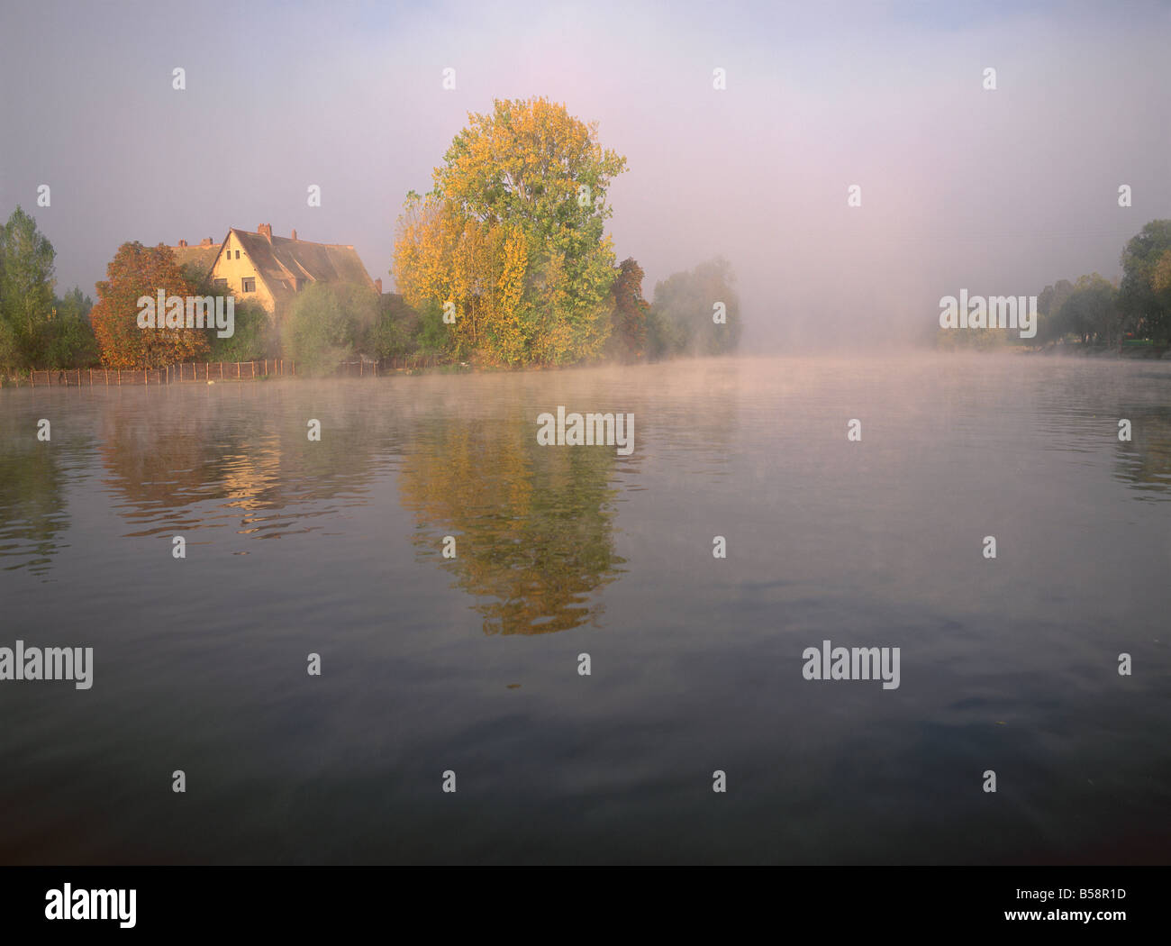 Autunno nebbiosa mattina sul Fiume Senna Petit Andelys Haute Normandie Francia Europa Foto Stock