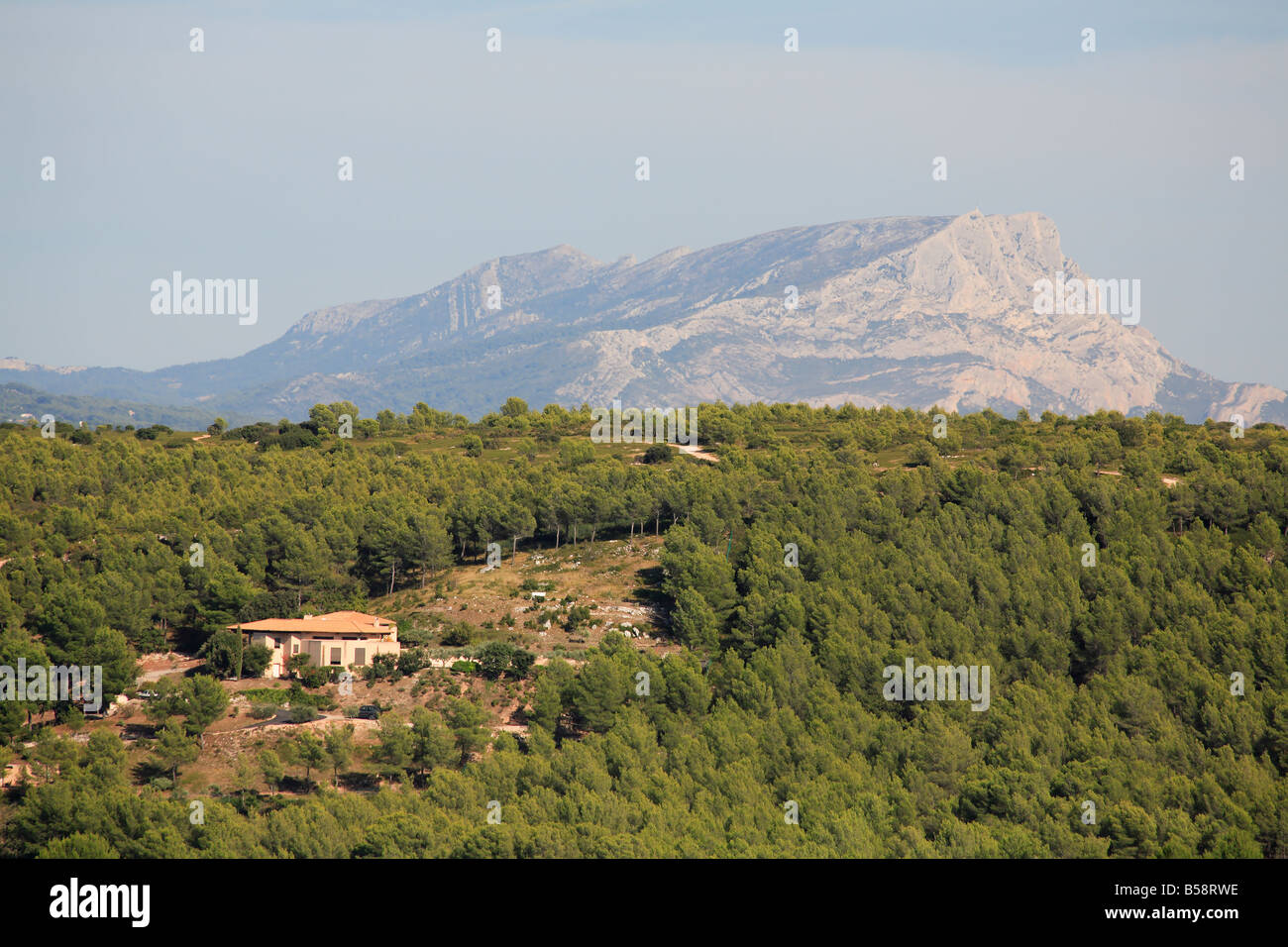 I vigneti e una lontana mountain vista da Ventebren, Provenza, Francia Foto Stock