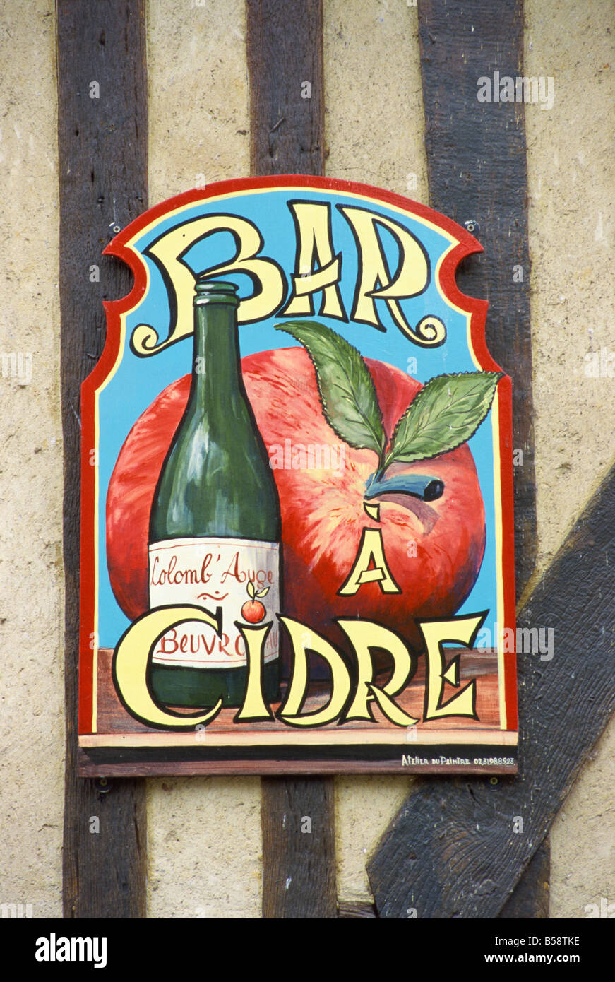 Il sidro di mele bar segno, Beuvron En Auge, Auge, in Normandia, Francia, Europa Foto Stock