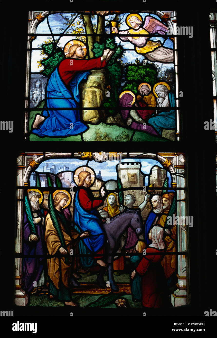Il vetro macchiato di Cristo entrando in Gerusalemme e il giardino del Getsemani, la cattedrale di Chartres, Val-de-Loire, centro, Francia Foto Stock