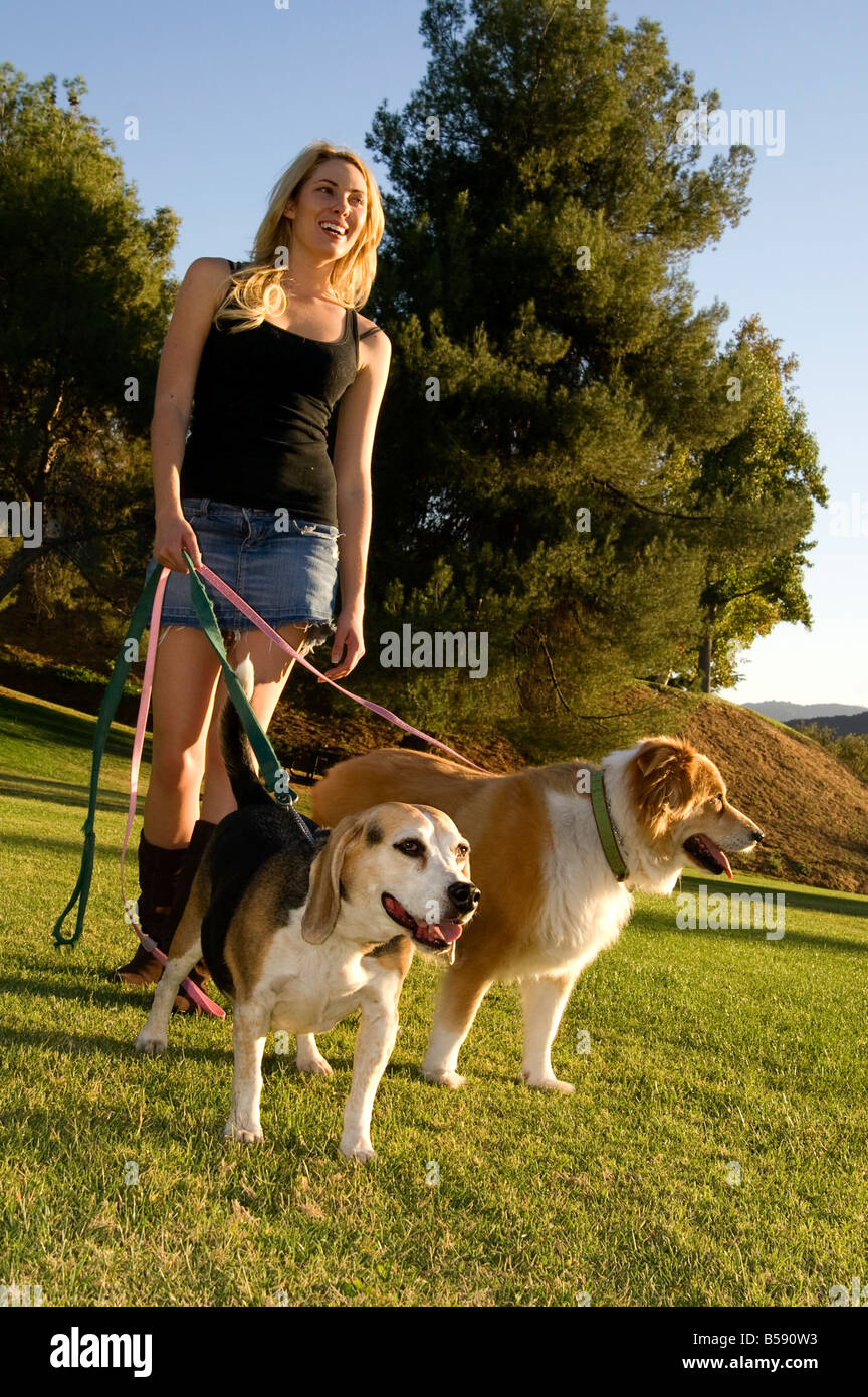 La donna in una passeggiata con un chow collie mix e un cane beagle Foto Stock