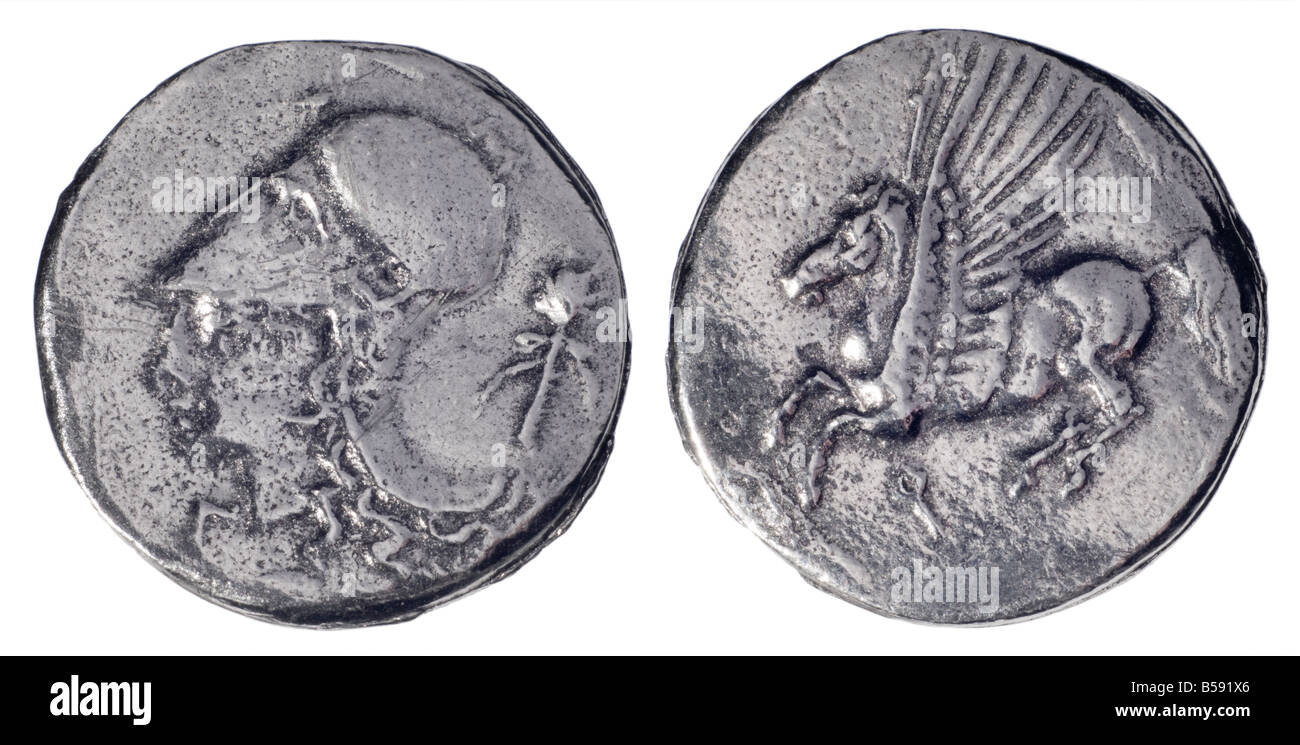 Il Greco antico moneta d'argento (replica) argento Didrachm di Corinto, 4thC BC. (Complementare: Athena) retromarcia: Pegaso il cavallo alato Foto Stock