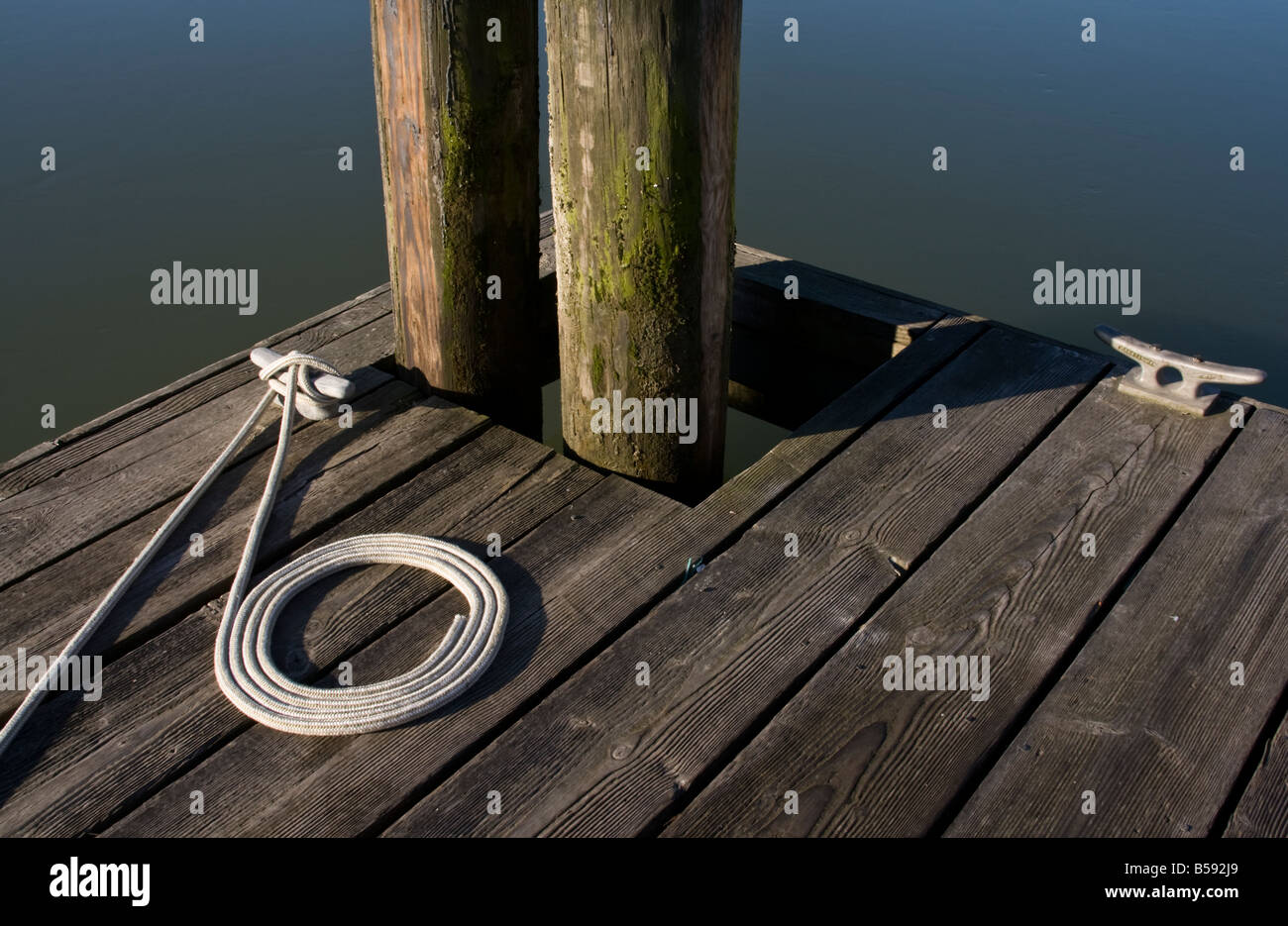 Una linea di dock legata a un gancio su un dock Foto Stock