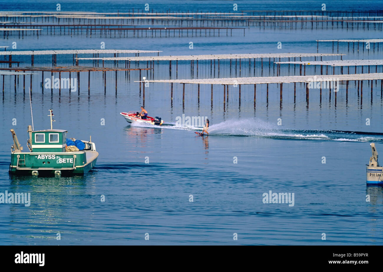 Sci d'acqua e OYSTER FARM "Bassin de Thau' BASIN LANGUEDOC FRANCIA Foto Stock