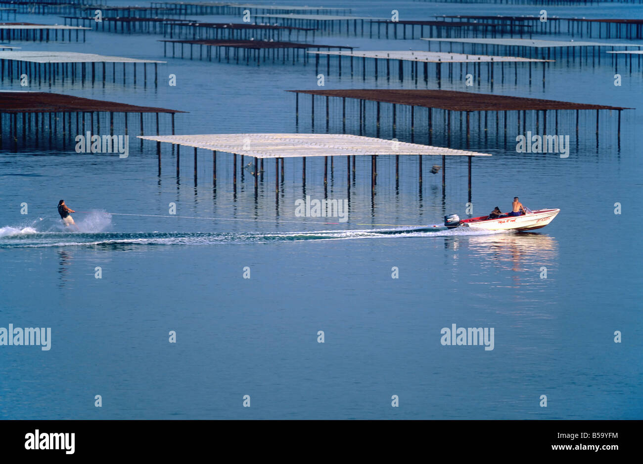 Sci d'acqua e OYSTER FARM "Bassin de Thau' BASIN LANGUEDOC FRANCIA Foto Stock