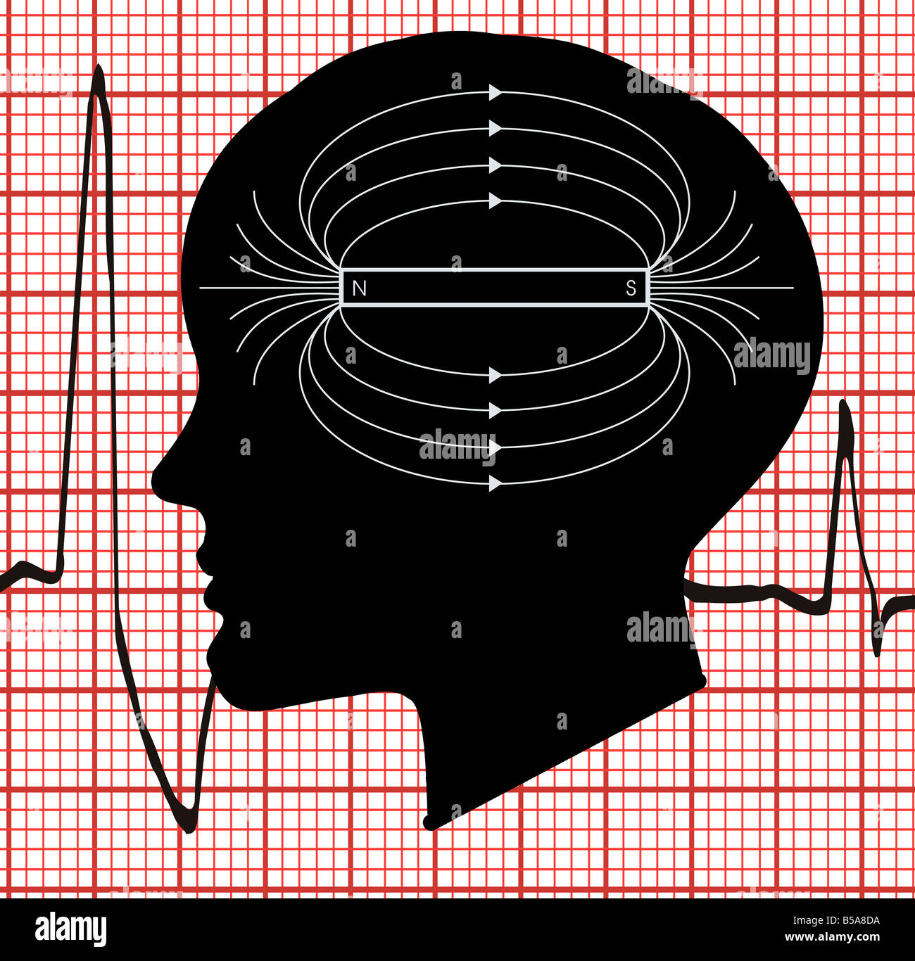 Campo magnetico super imposto a testa umana con sfondo EKG Foto Stock