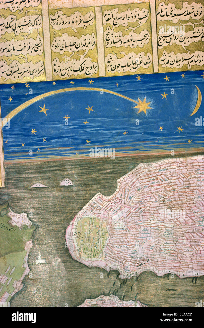 Manoscritto islamico mostra shooting star e il cielo notturno Foto Stock