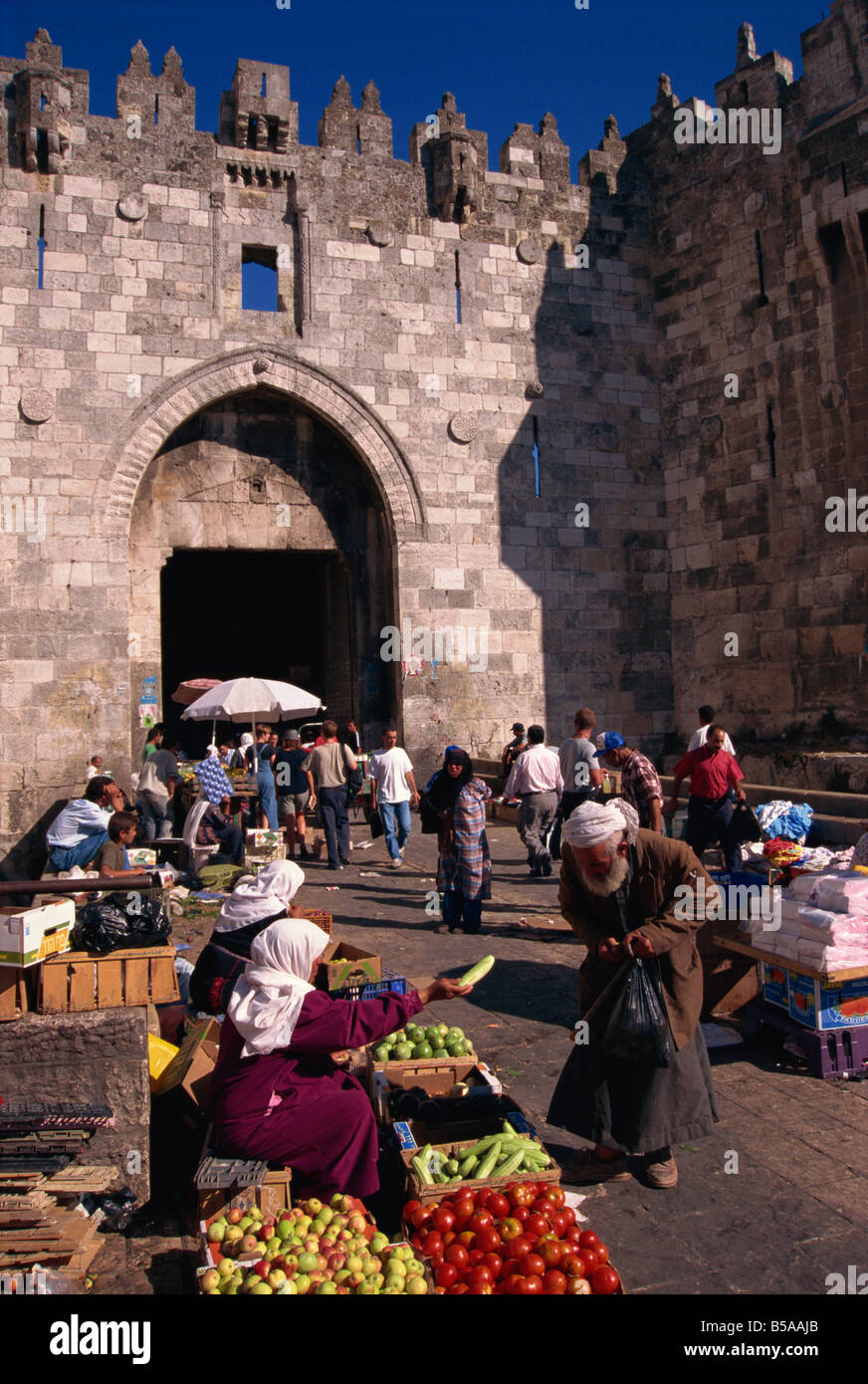 Mercato giornaliero, Nablus Gate, la Città Vecchia di Gerusalemme, Israele, Medio Oriente Foto Stock