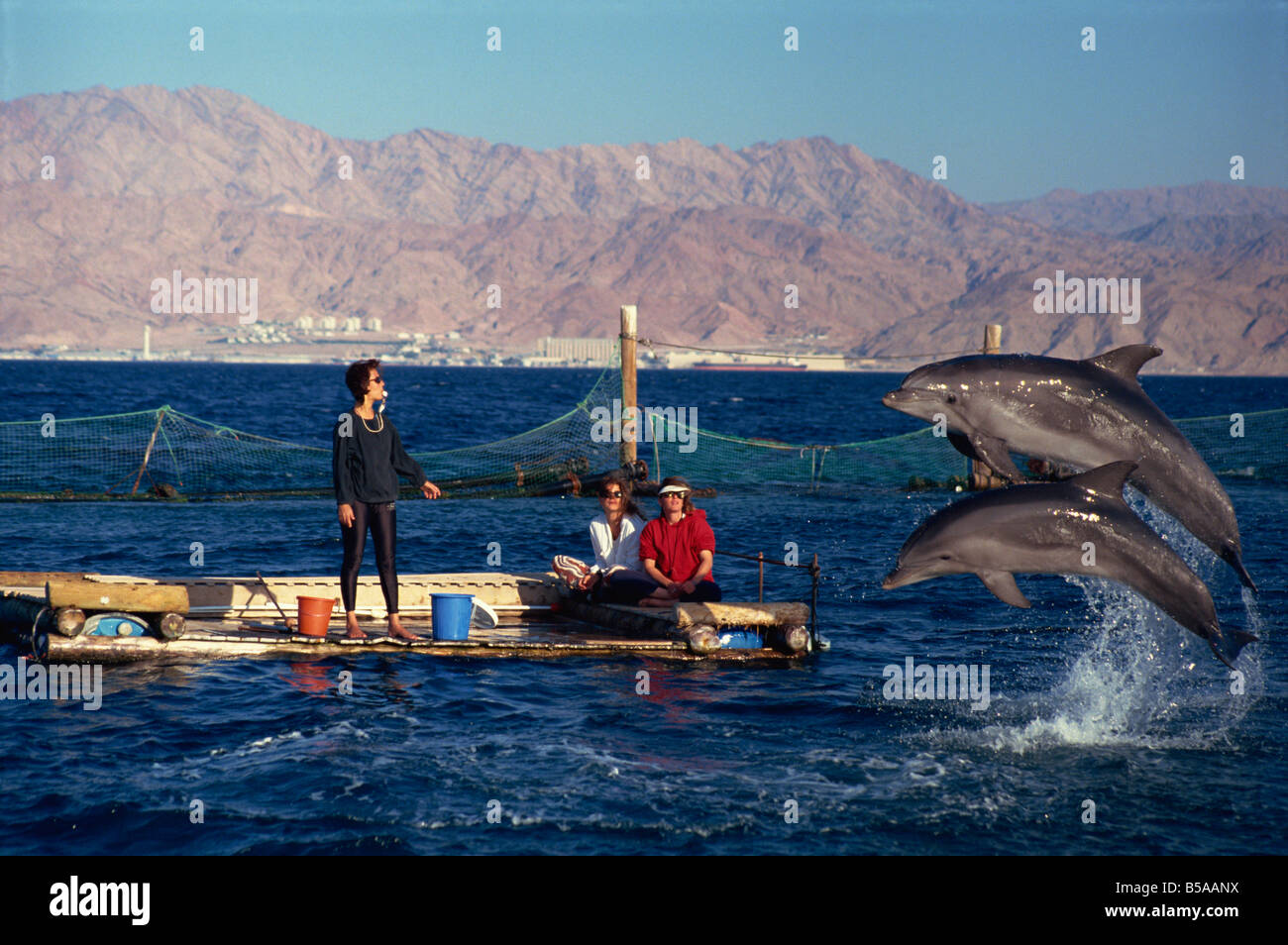 Donna fischio di soffiaggio per attirare i delfini saltando per i turisti per visualizzare al Dolphin Reef, Eilat, Israele, Medio Oriente Foto Stock