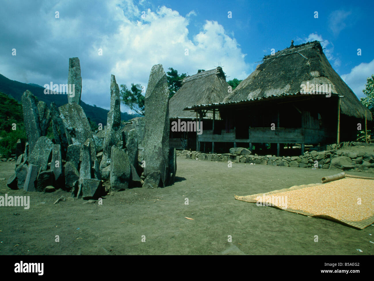I megaliti a Bena, un tradizionale villaggio Ngada vicino a Bajawa nel centro di Flores e Timor, sud-est asiatico Foto Stock