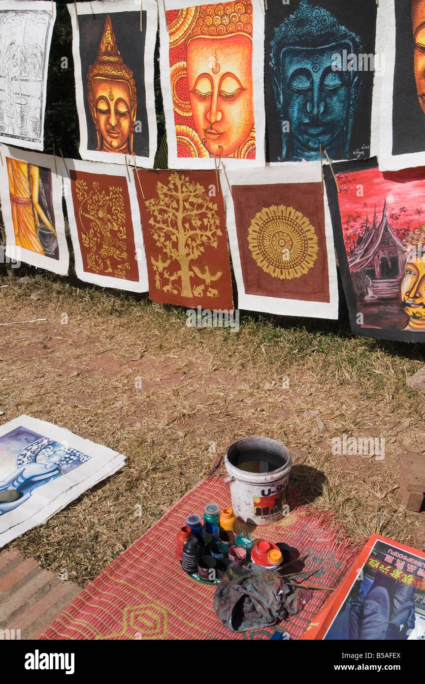 Dipinto a mano poster, il Mercato Notturno, Luang Prabang, Laos, Indocina, sud-est asiatico Foto Stock
