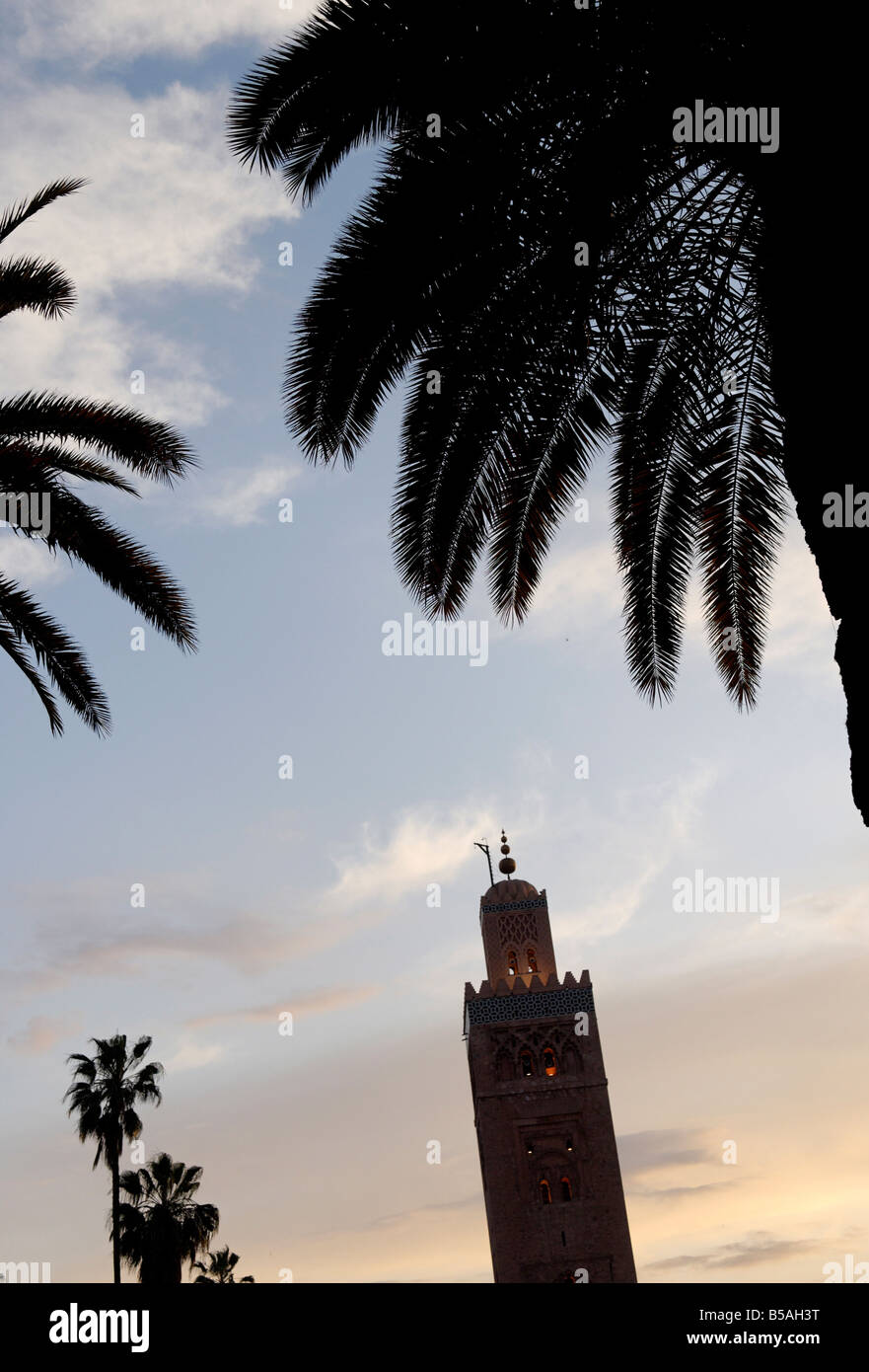 Il minareto di Koutoubia sale dal cuore della vecchia medina vicino ad una moschea dello stesso nome, Marrakech, Marocco Foto Stock