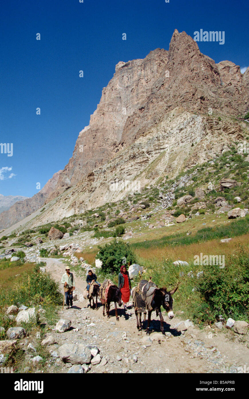 La famiglia e gli asini su una strada sconnessa in Zeravshan mountain range vicino Ayni Tagikistan Asia centrale T Ang Foto Stock