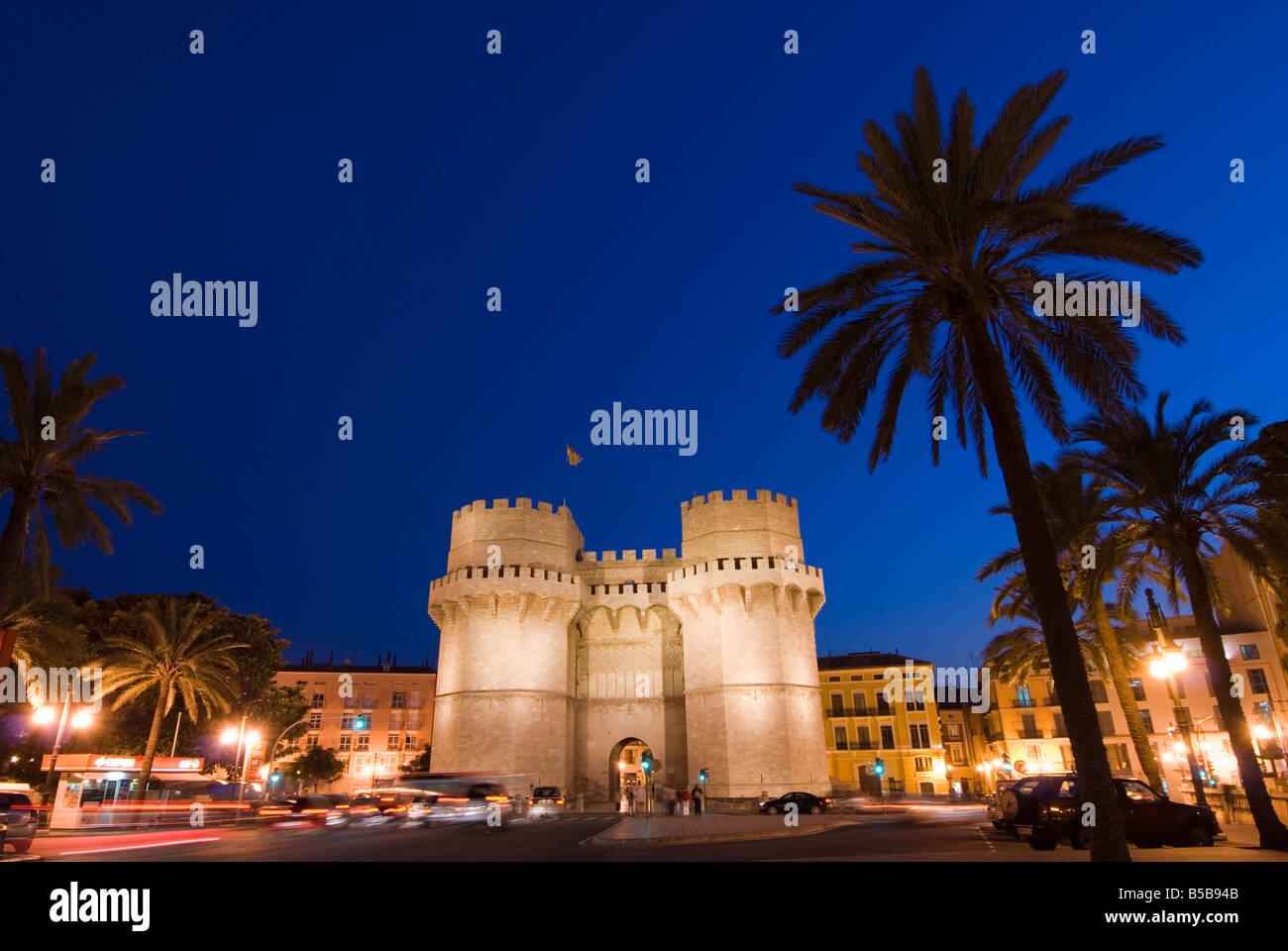 Punto di riferimento della città gotica gates Torres de Serrano di Valencia Spagna Foto Stock