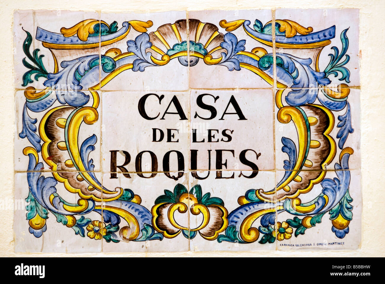 Azulejo dipinto piastrelle segno sulla casa museo di carri trionfali o Casa de las rocas a Valencia Spagna Foto Stock