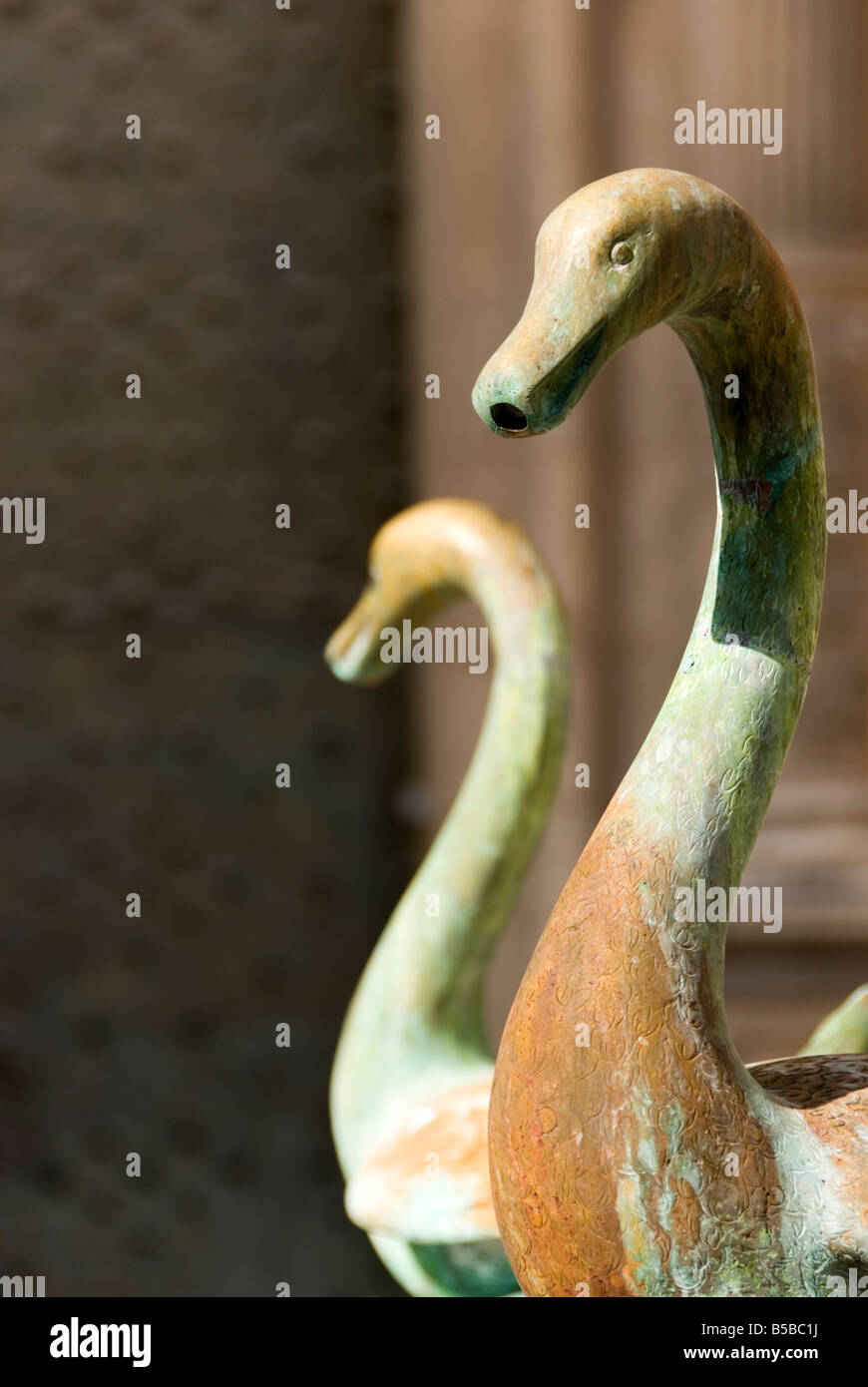Dettaglio dei cigni in ottone sulla fontana sulla Plaza San Vicente Ferrer nel centro storico di Valencia Spagna Foto Stock