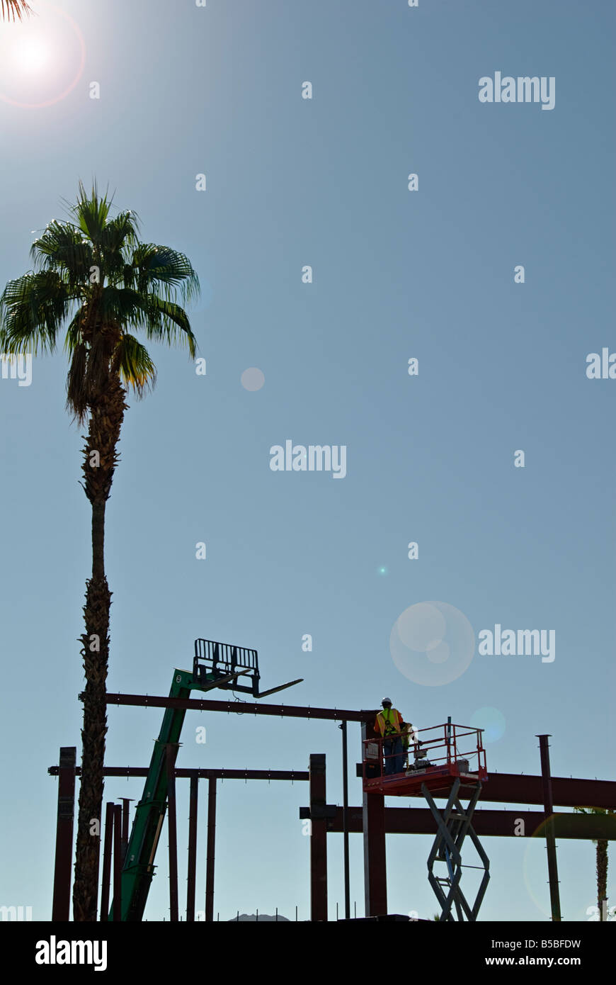 Palm Desert CA Ferro Business sito in costruzione i lavoratori El Paseo Drive Desert Southern California Palm tree Foto Stock