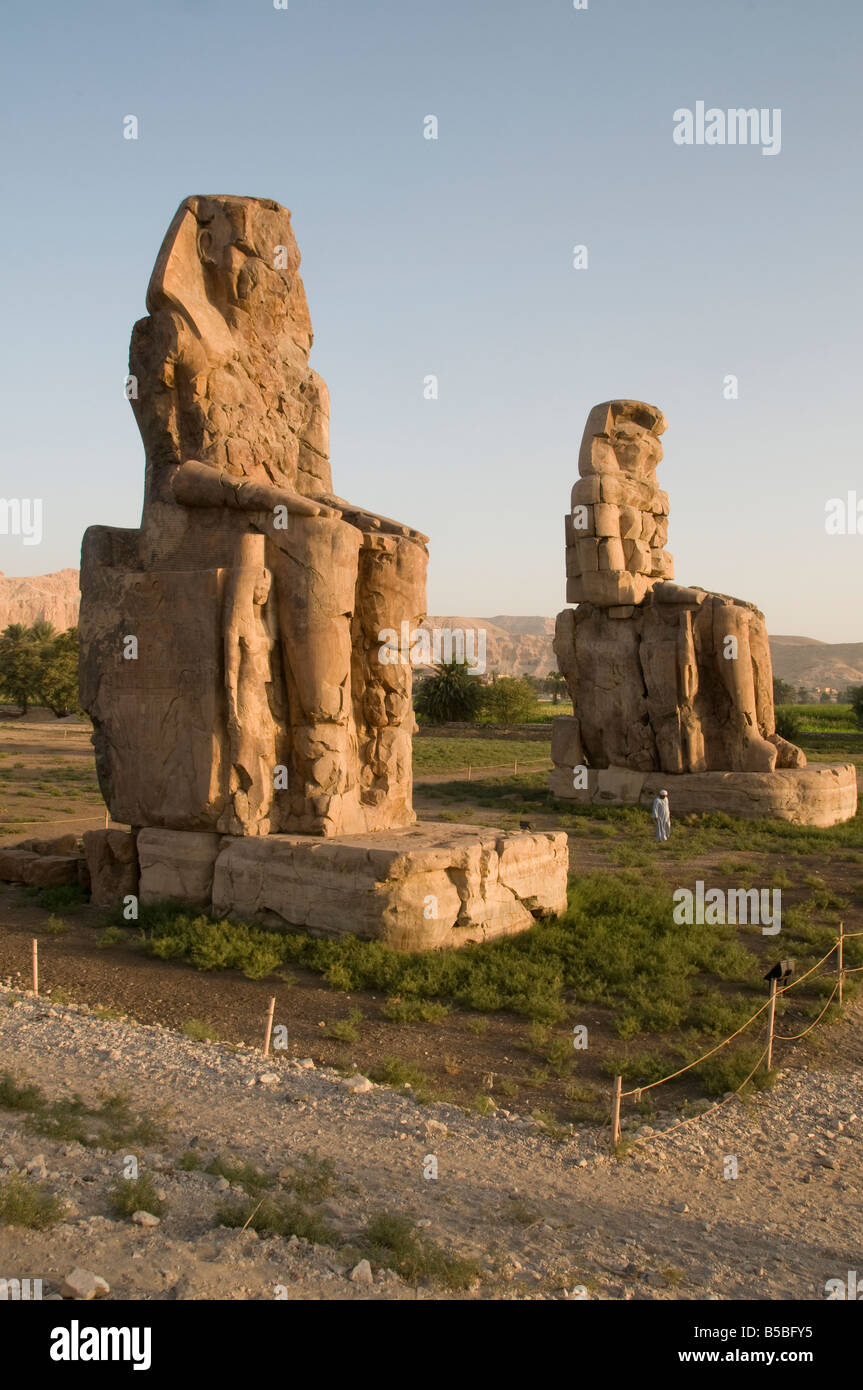 I Colossi di Memnon che sono due enormi statue di pietra raffiguranti il faraone Amenhotep III realizzato da blocchi di pietra arenaria quarzite vicino a Luxor, Egitto Foto Stock