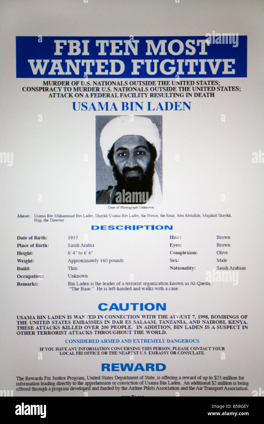 FBI Most Wanted fugitive sito web dotato di Osama Bin Laden Foto Stock