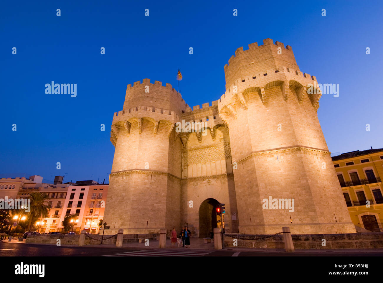 Punto di riferimento della città gotica gates Torres de Serrano di Valencia Spagna Foto Stock
