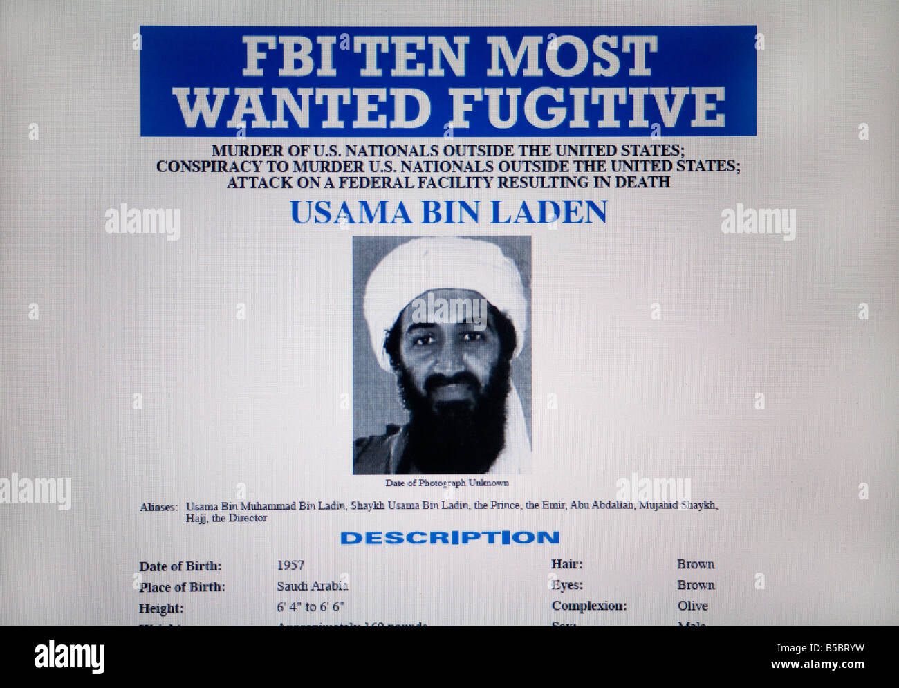 FBI Most Wanted fugitive sito web dotato di Osama Bin Laden Foto Stock