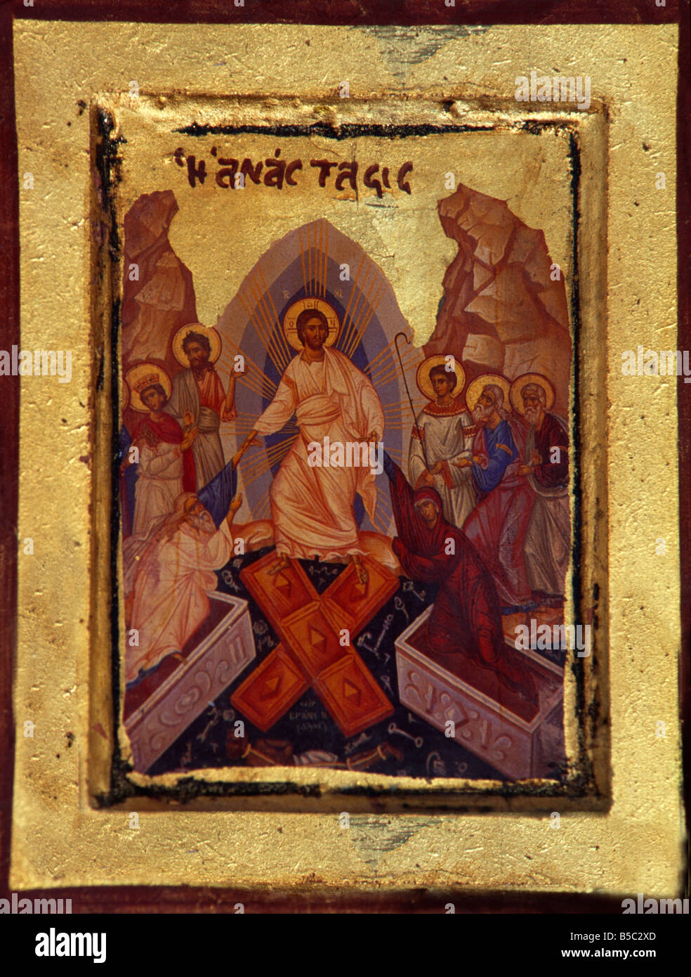 Icona che mostra la risurrezione - Cristo tirando Adam & Eve dalla loro tomba tre chiese Grecia SAMOS Foto Stock